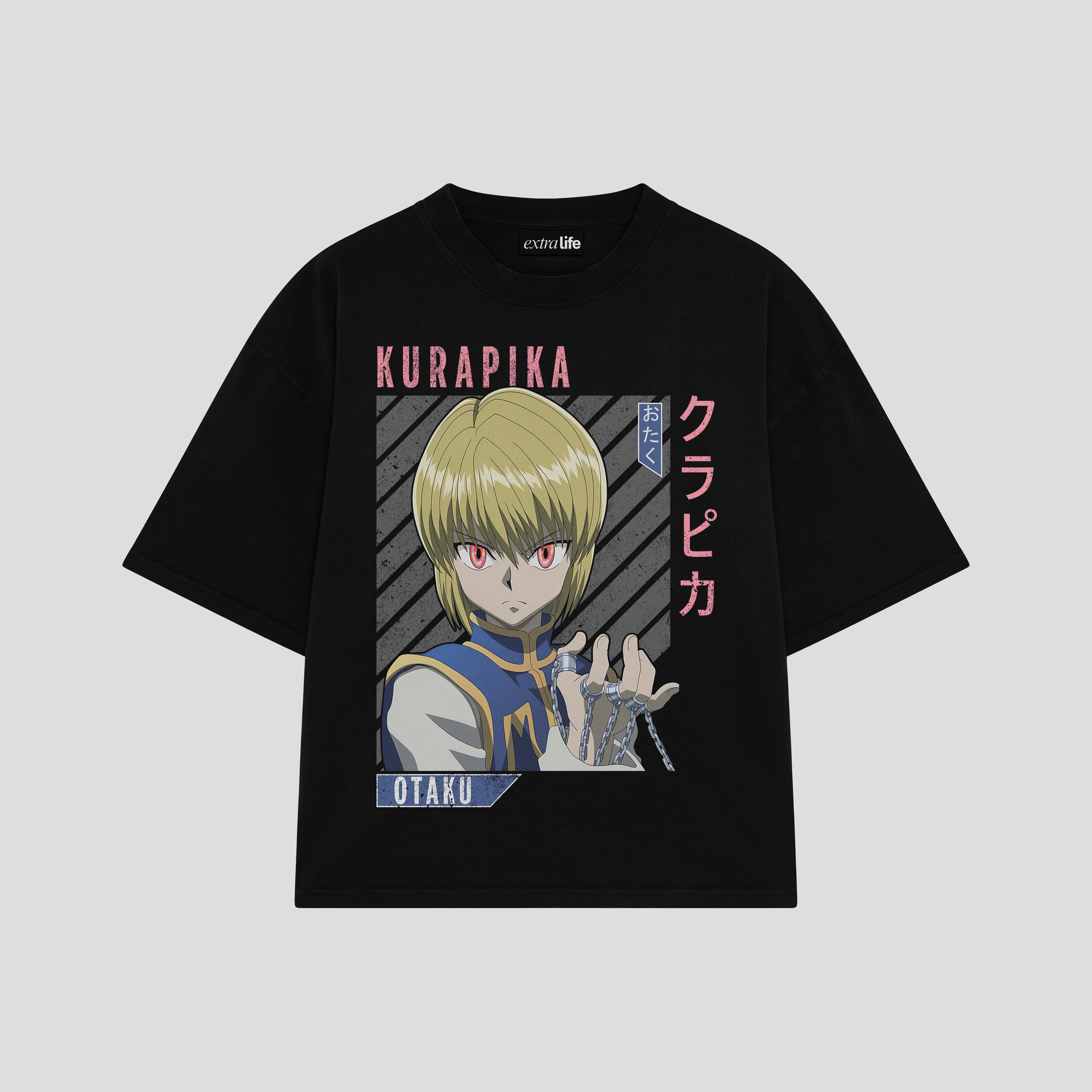 Playera streetwear premium de anime y gaming ExtraLife MX, corte boxy oversized drop shoulder heavyweight en color Deep Black y Off-White, moda urbana mexicana de culto.