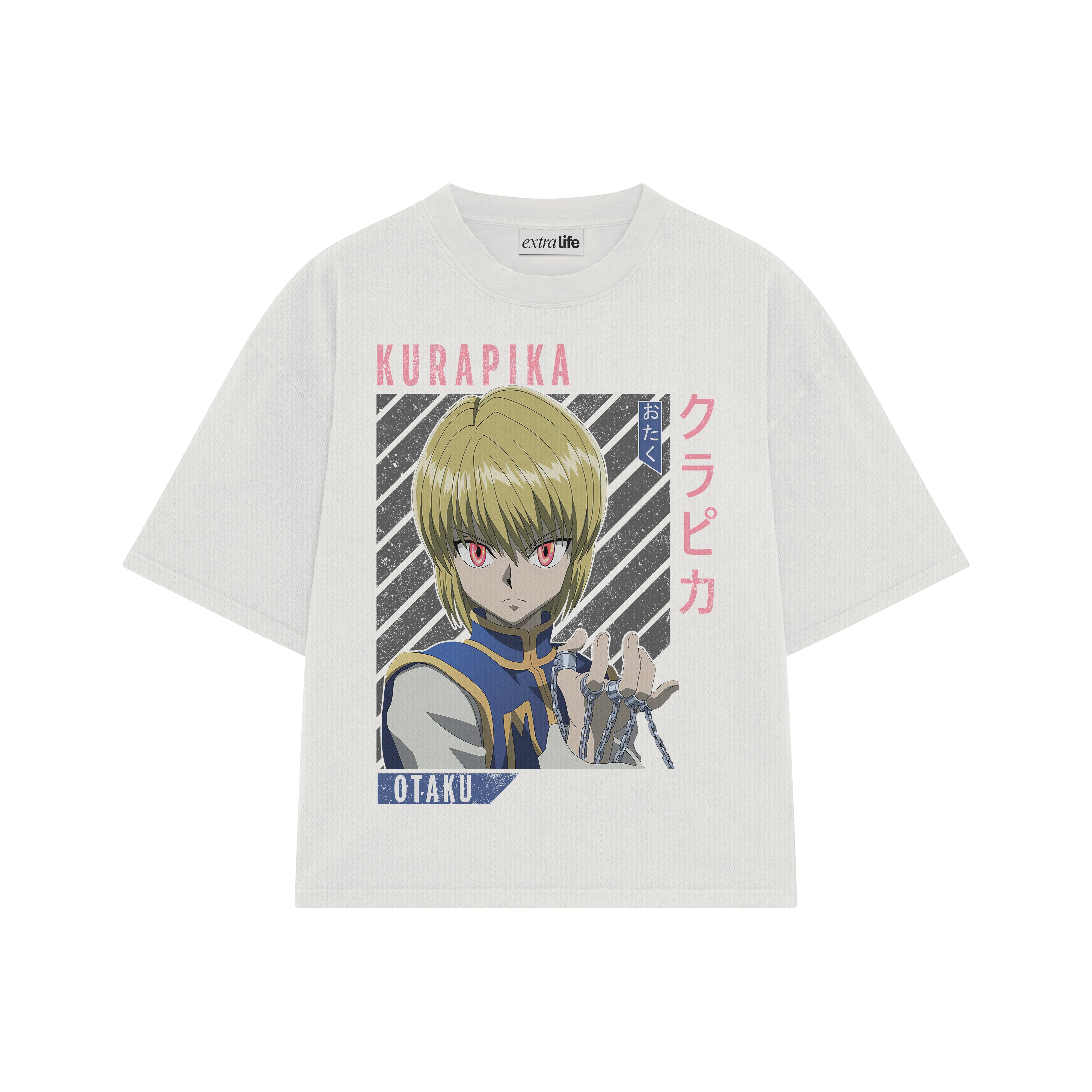 Playera streetwear premium de anime y gaming ExtraLife MX, corte boxy oversized drop shoulder heavyweight en color Deep Black y Off-White, moda urbana mexicana de culto.
