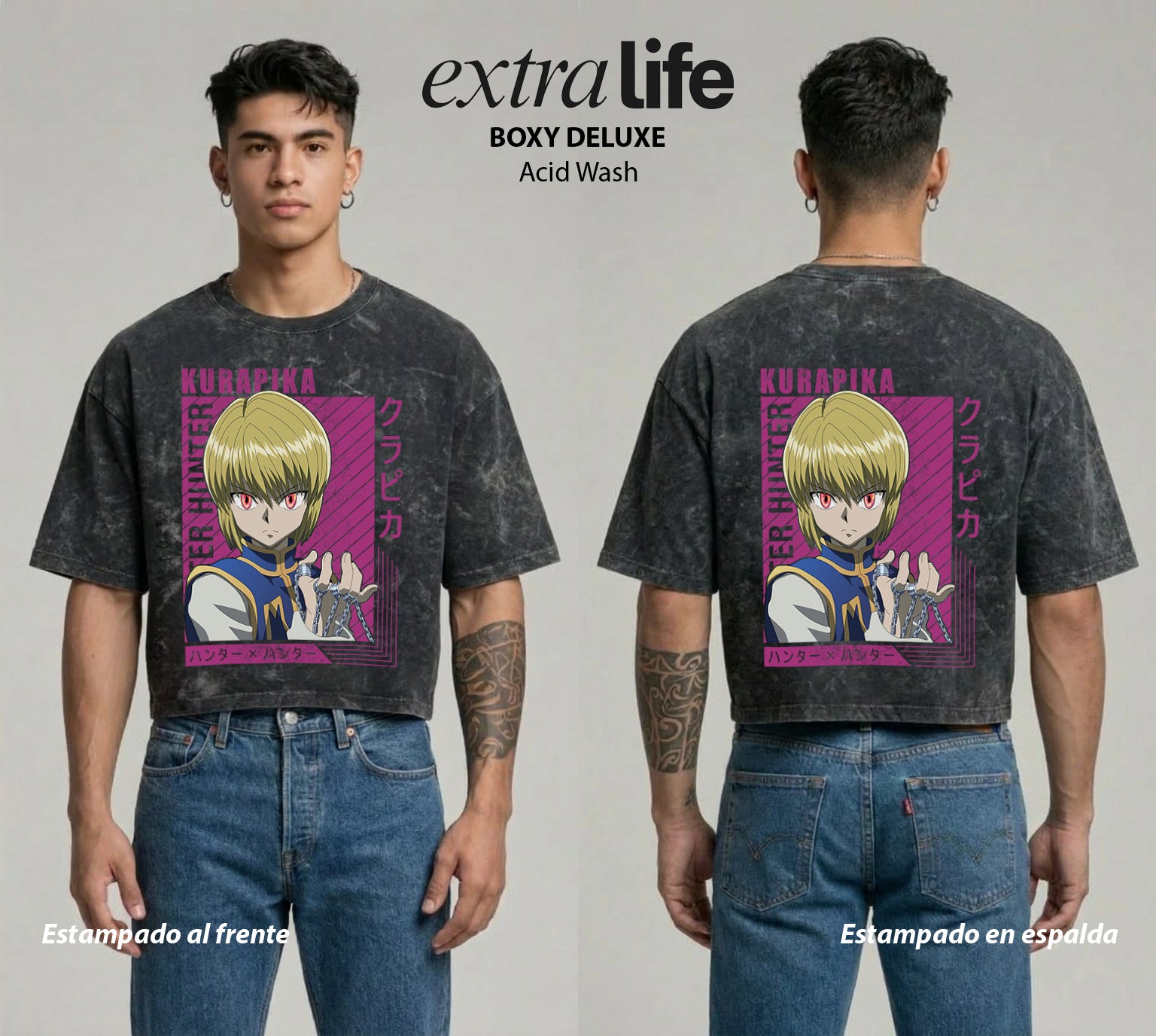 Playera streetwear premium de anime y gaming ExtraLife MX, corte boxy deluxe mineral wash heavyweight en color Acid Wash, moda urbana mexicana de culto.