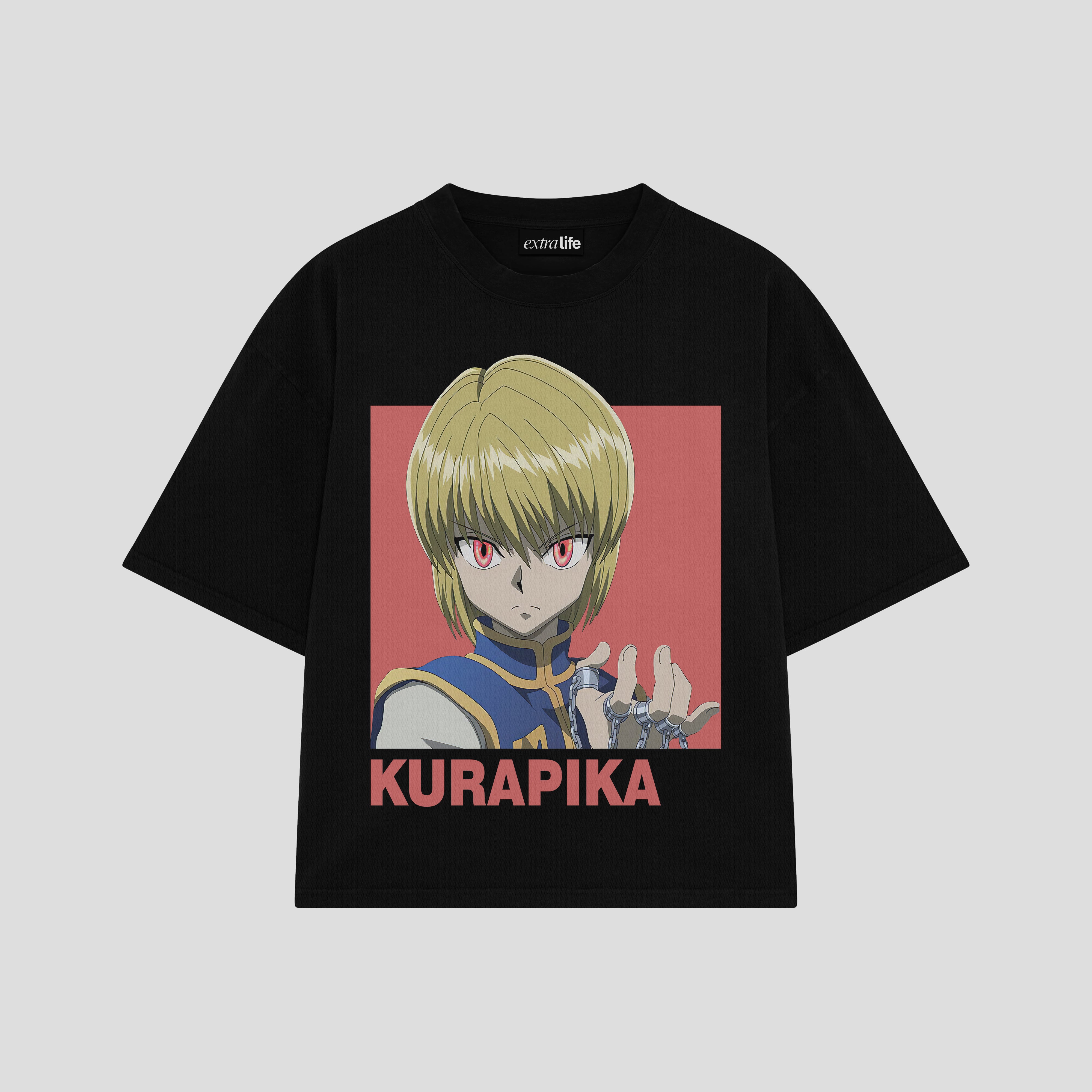 Playera streetwear premium de anime y gaming ExtraLife MX, corte boxy oversized drop shoulder heavyweight en color Deep Black y Off-White, moda urbana mexicana de culto.