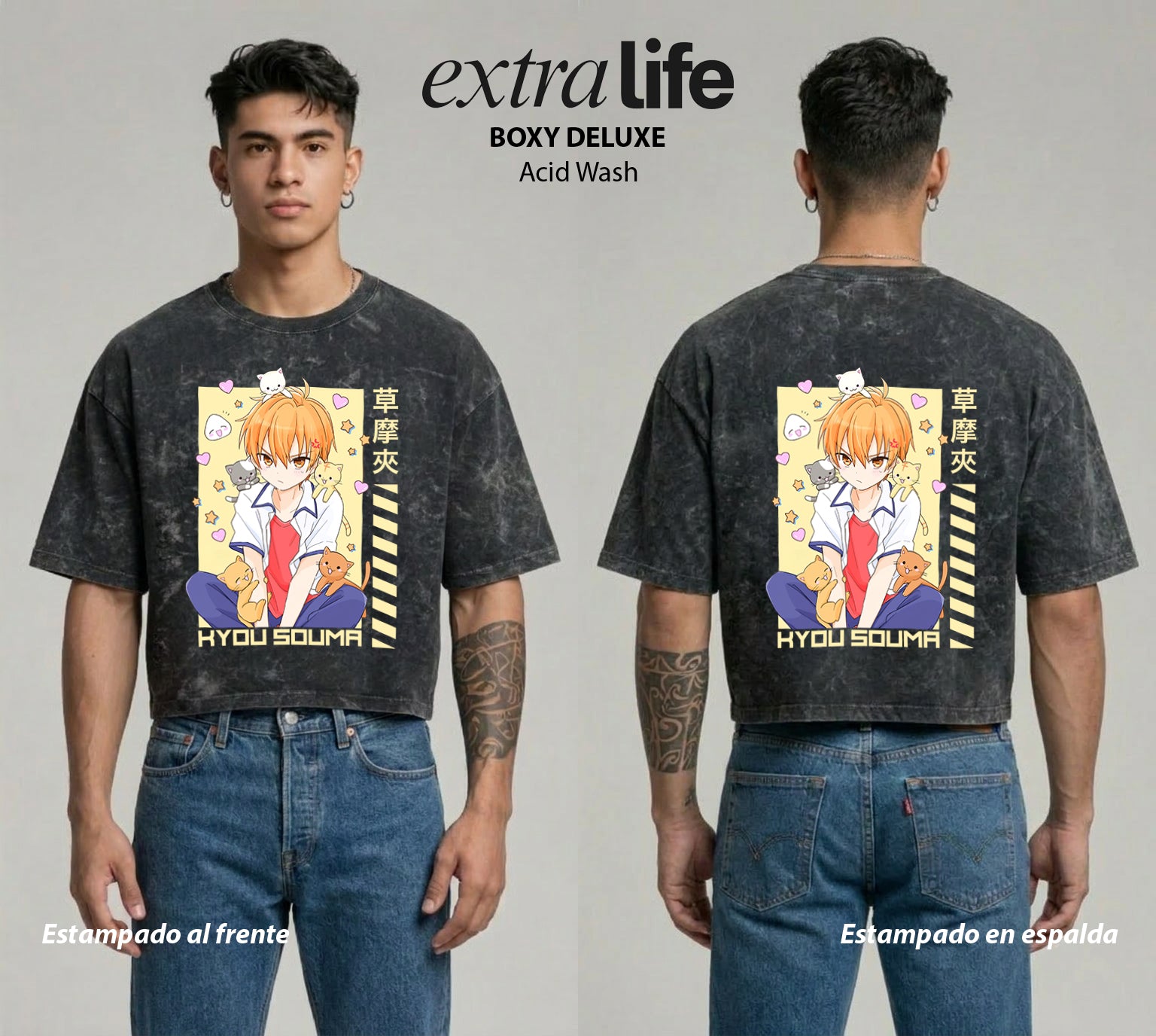 Playera streetwear premium de anime y gaming ExtraLife MX, corte boxy deluxe mineral wash heavyweight en color Acid Wash, moda urbana mexicana de culto.