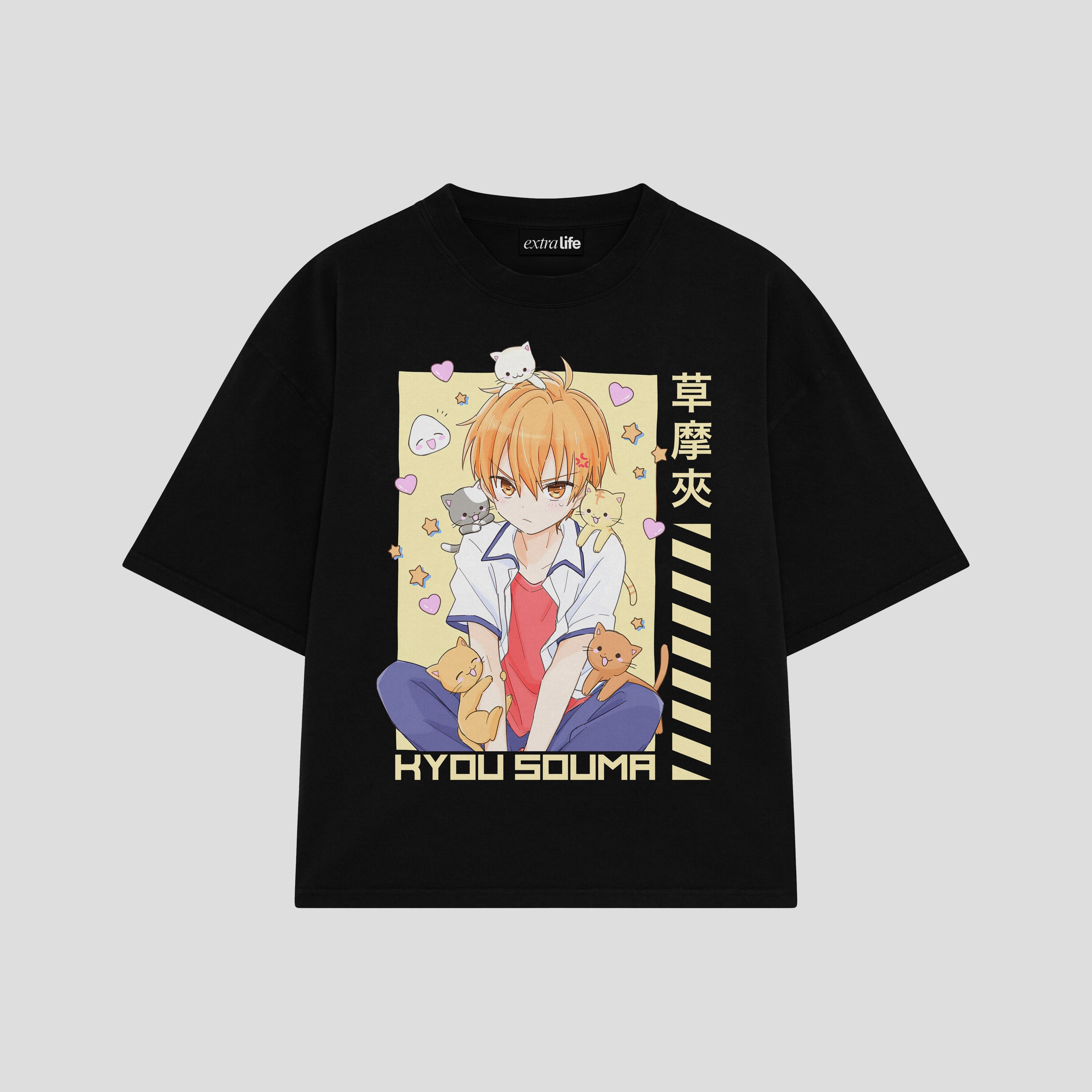 Playera streetwear premium de anime y gaming ExtraLife MX, corte boxy oversized drop shoulder heavyweight en color Deep Black y Off-White, moda urbana mexicana de culto.