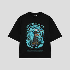 Playera streetwear premium de anime y gaming ExtraLife MX, corte boxy oversized drop shoulder heavyweight en color Deep Black y Off-White, moda urbana mexicana de culto.