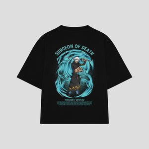 Playera streetwear premium de anime y gaming ExtraLife MX, corte boxy oversized drop shoulder heavyweight en color Deep Black y Off-White, moda urbana mexicana de culto.