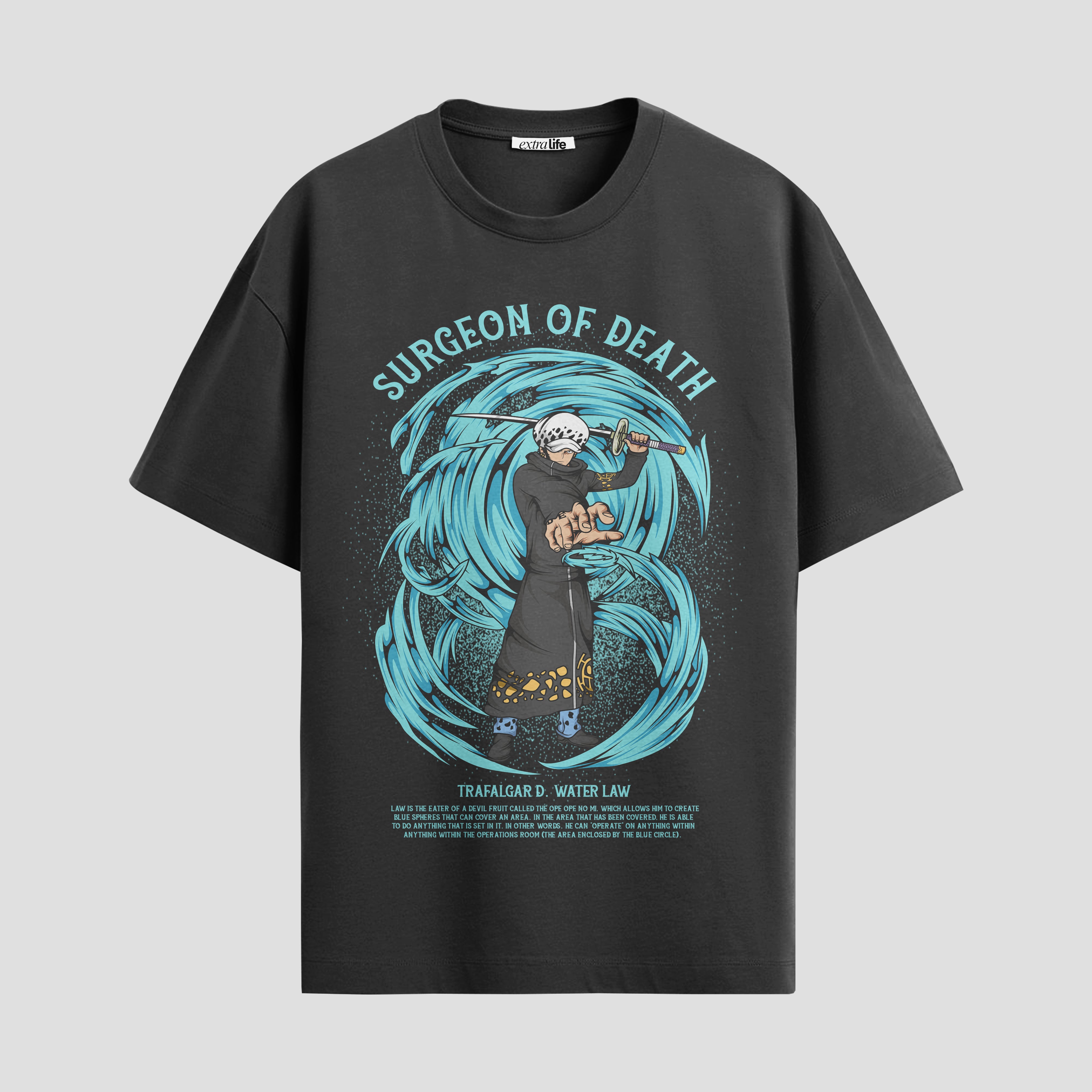 Playera urbana de anime y gaming ExtraLife MX, corte Standard Fit unisex ligero y transpirable en color Deep Black y Pure White, ropa de uso diario para gym y casual.