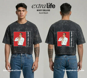 Playera streetwear premium de anime y gaming ExtraLife MX, corte boxy deluxe mineral wash heavyweight en color Acid Wash, moda urbana mexicana de culto.