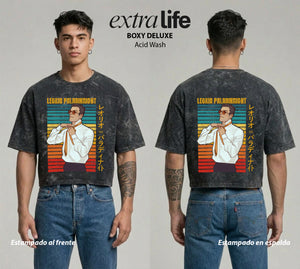 Playera streetwear premium de anime y gaming ExtraLife MX, corte boxy deluxe mineral wash heavyweight en color Acid Wash, moda urbana mexicana de culto.