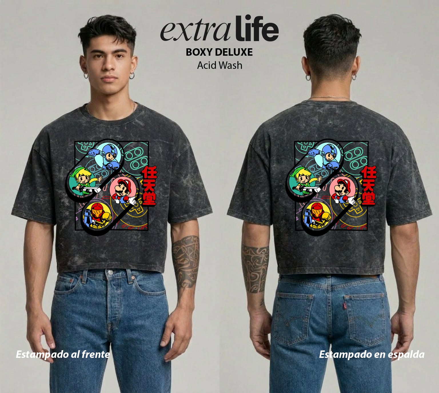 Playera streetwear premium de anime y gaming ExtraLife MX, corte boxy deluxe mineral wash heavyweight en color Acid Wash, moda urbana mexicana de culto.