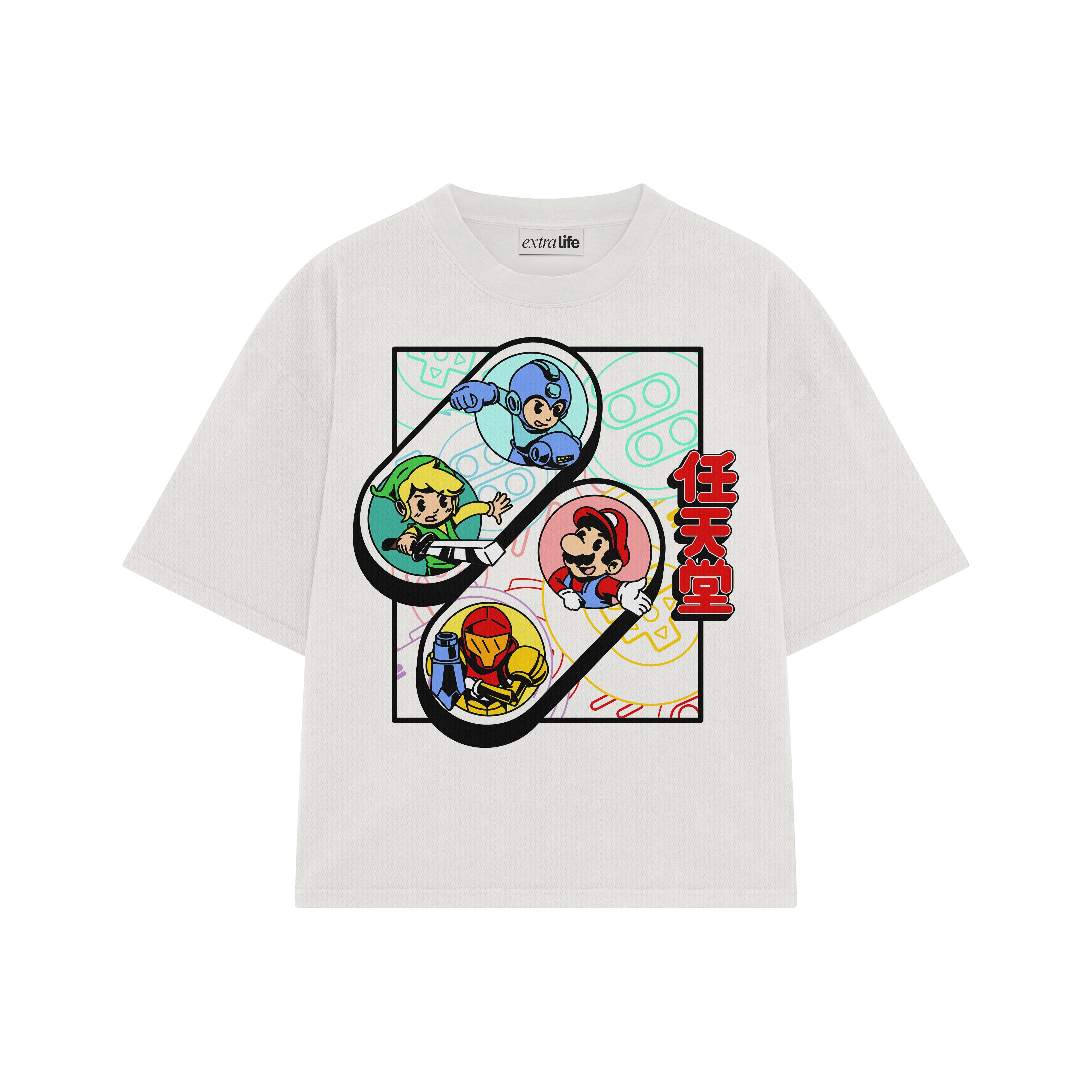 Playera streetwear premium de anime y gaming ExtraLife MX, corte boxy oversized drop shoulder heavyweight en color Deep Black y Off-White, moda urbana mexicana de culto.