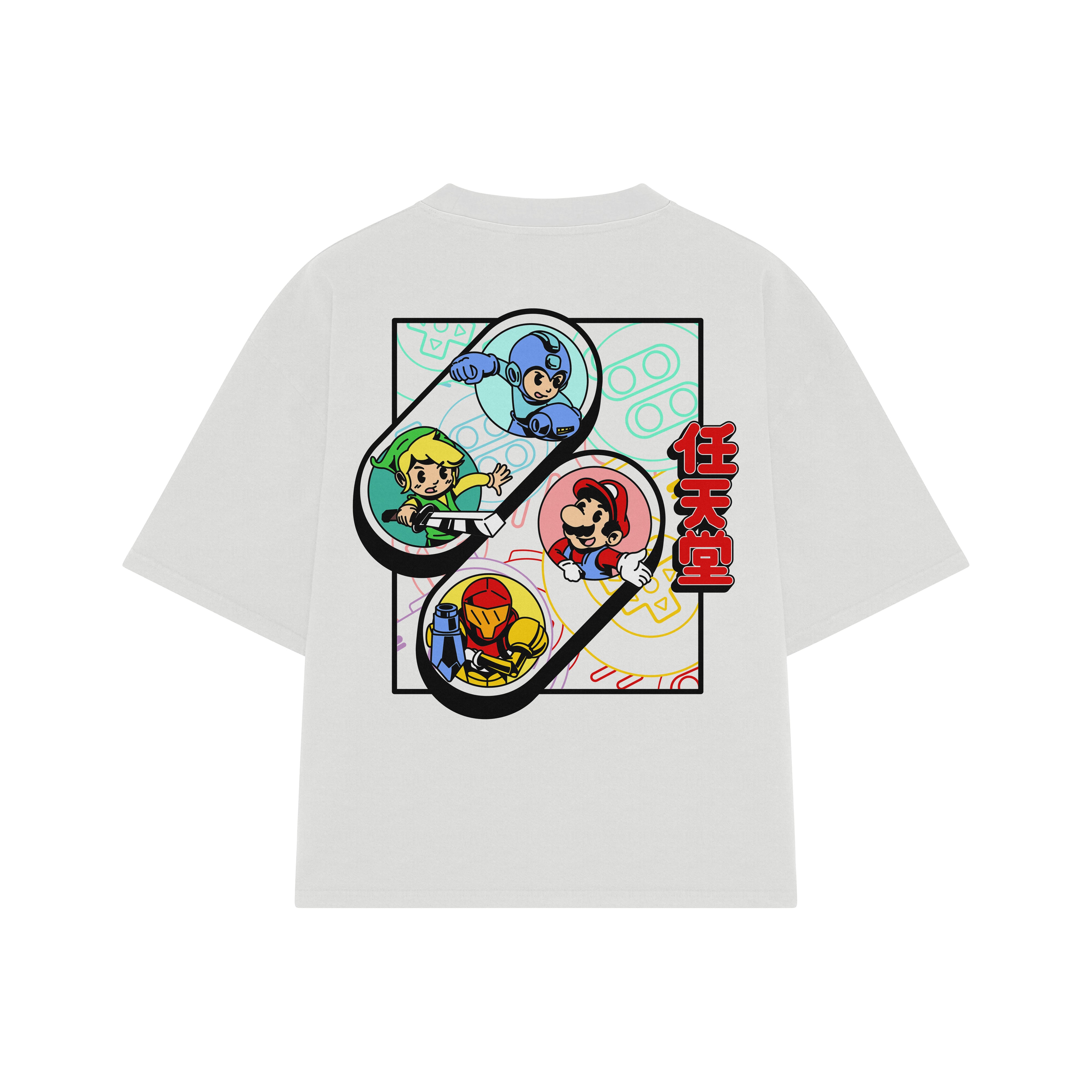 Playera streetwear premium de anime y gaming ExtraLife MX, corte boxy oversized drop shoulder heavyweight en color Deep Black y Off-White, moda urbana mexicana de culto.
