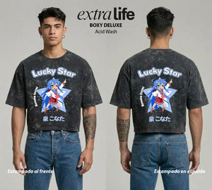 Playera streetwear premium de anime y gaming ExtraLife MX, corte boxy deluxe mineral wash heavyweight en color Acid Wash, moda urbana mexicana de culto.