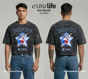 Playera streetwear premium de anime y gaming ExtraLife MX, corte boxy deluxe mineral wash heavyweight en color Acid Wash, moda urbana mexicana de culto.