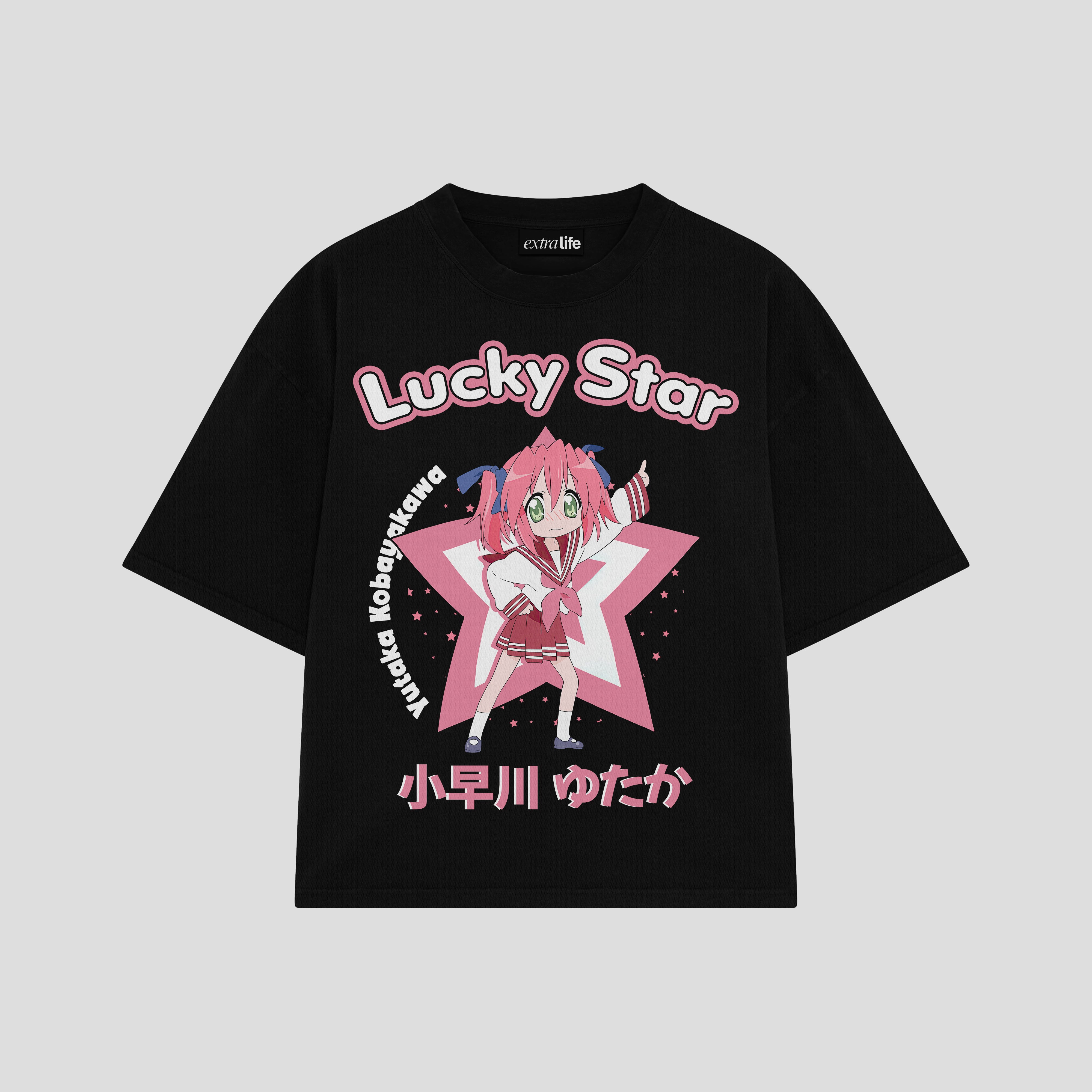 Playera streetwear premium de anime y gaming ExtraLife MX, corte boxy oversized drop shoulder heavyweight en color Deep Black y Off-White, moda urbana mexicana de culto.