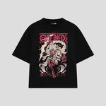 Playera streetwear premium de anime y gaming ExtraLife MX, corte boxy oversized drop shoulder heavyweight en color Deep Black y Off-White, moda urbana mexicana de culto.