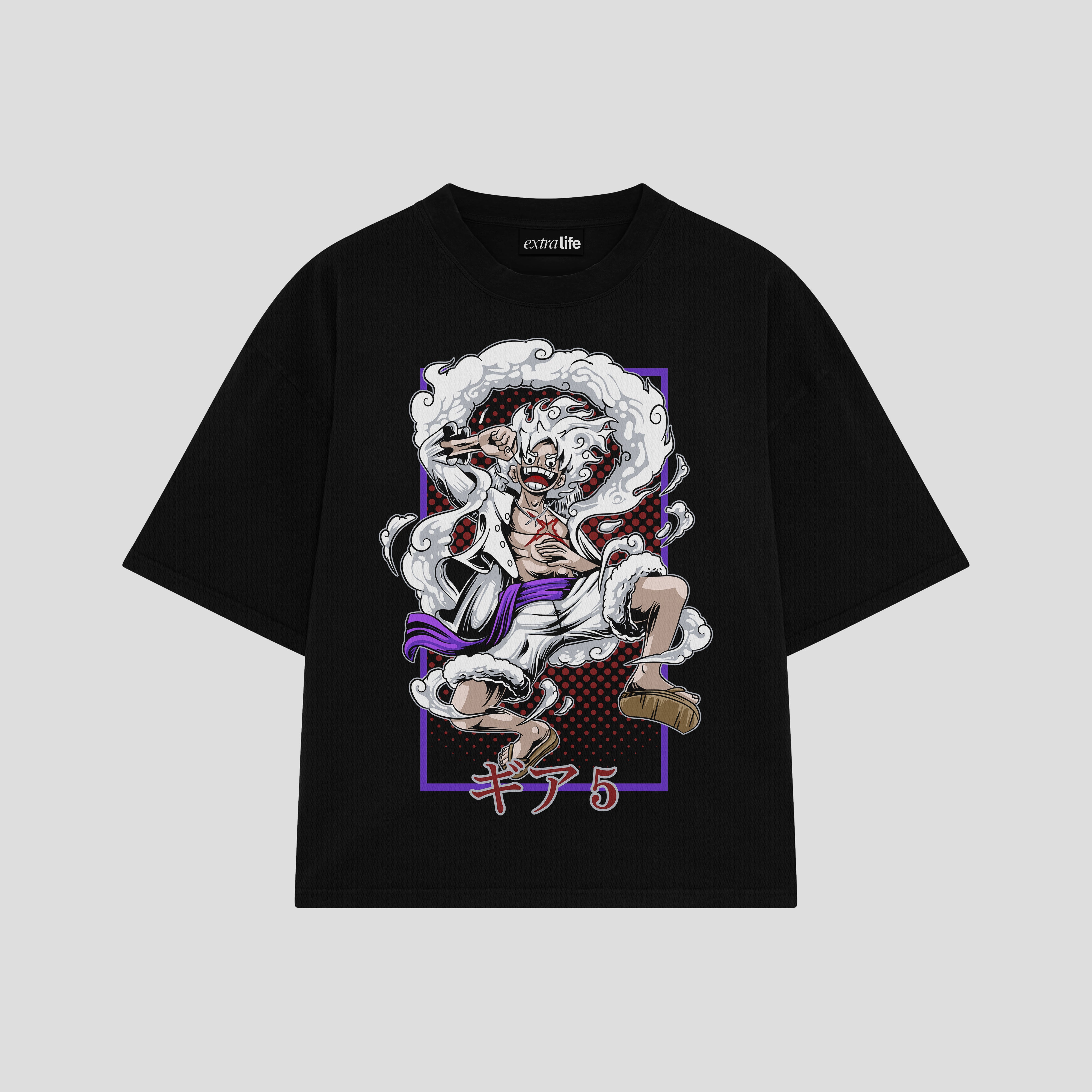 Playera streetwear premium de anime y gaming ExtraLife MX, corte boxy oversized drop shoulder heavyweight en color Deep Black y Off-White, moda urbana mexicana de culto.