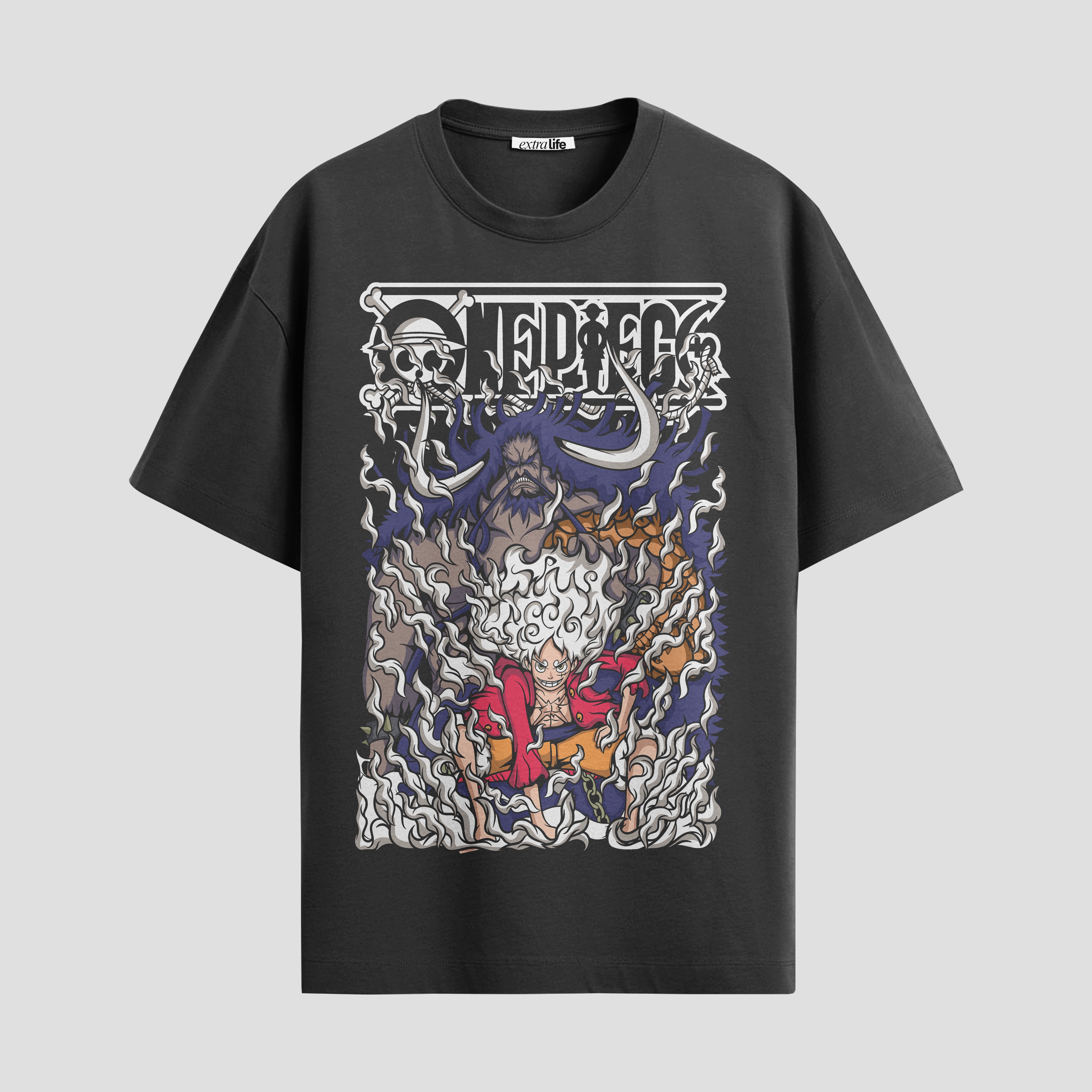 Playera urbana de anime y gaming ExtraLife MX, corte Standard Fit unisex ligero y transpirable en color Deep Black y Pure White, ropa de uso diario para gym y casual.