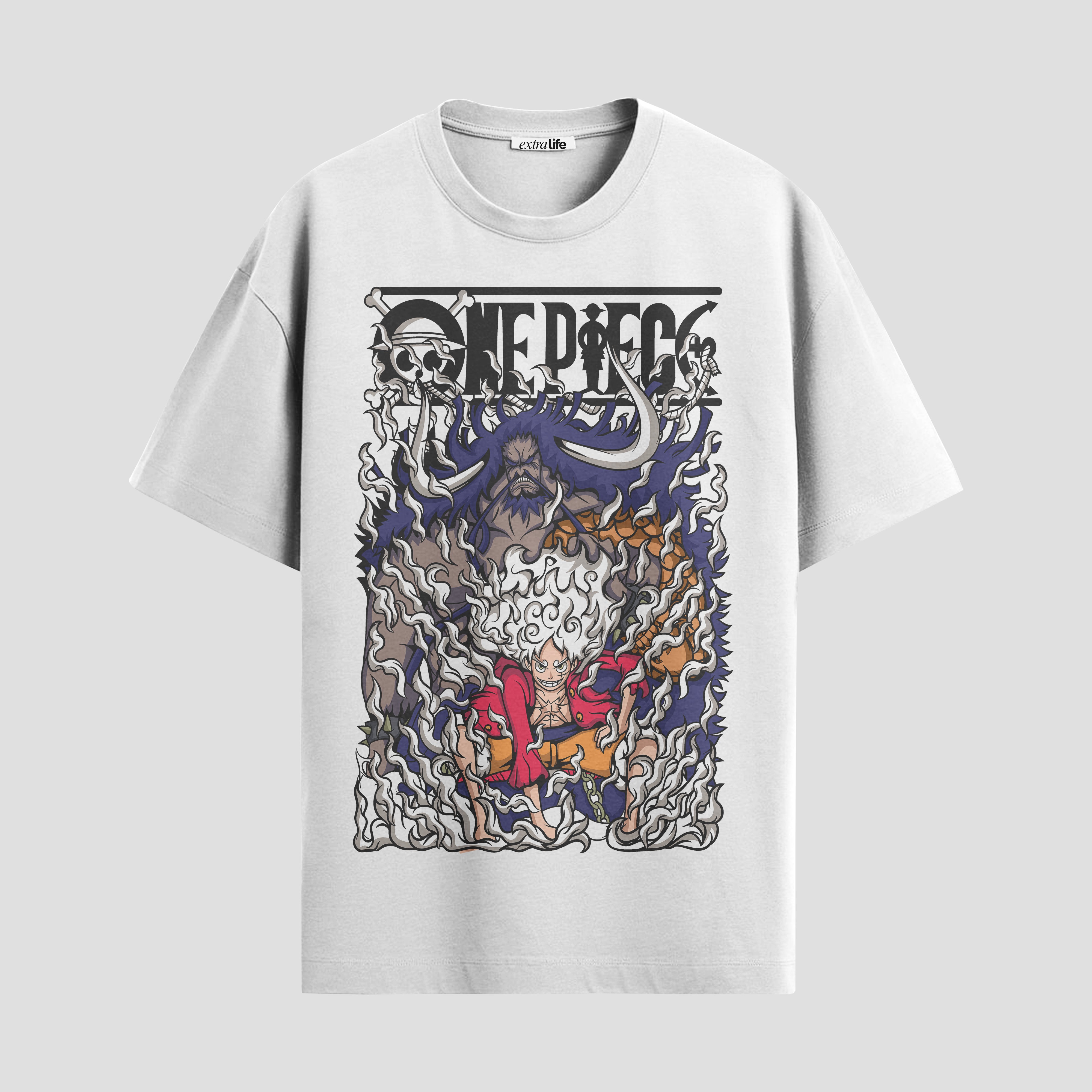 Playera urbana de anime y gaming ExtraLife MX, corte Standard Fit unisex ligero y transpirable en color Deep Black y Pure White, ropa de uso diario para gym y casual.