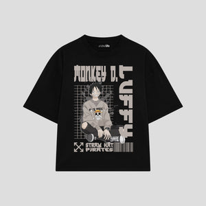 Playera streetwear premium de anime y gaming ExtraLife MX, corte boxy oversized drop shoulder heavyweight en color Deep Black y Off-White, moda urbana mexicana de culto.