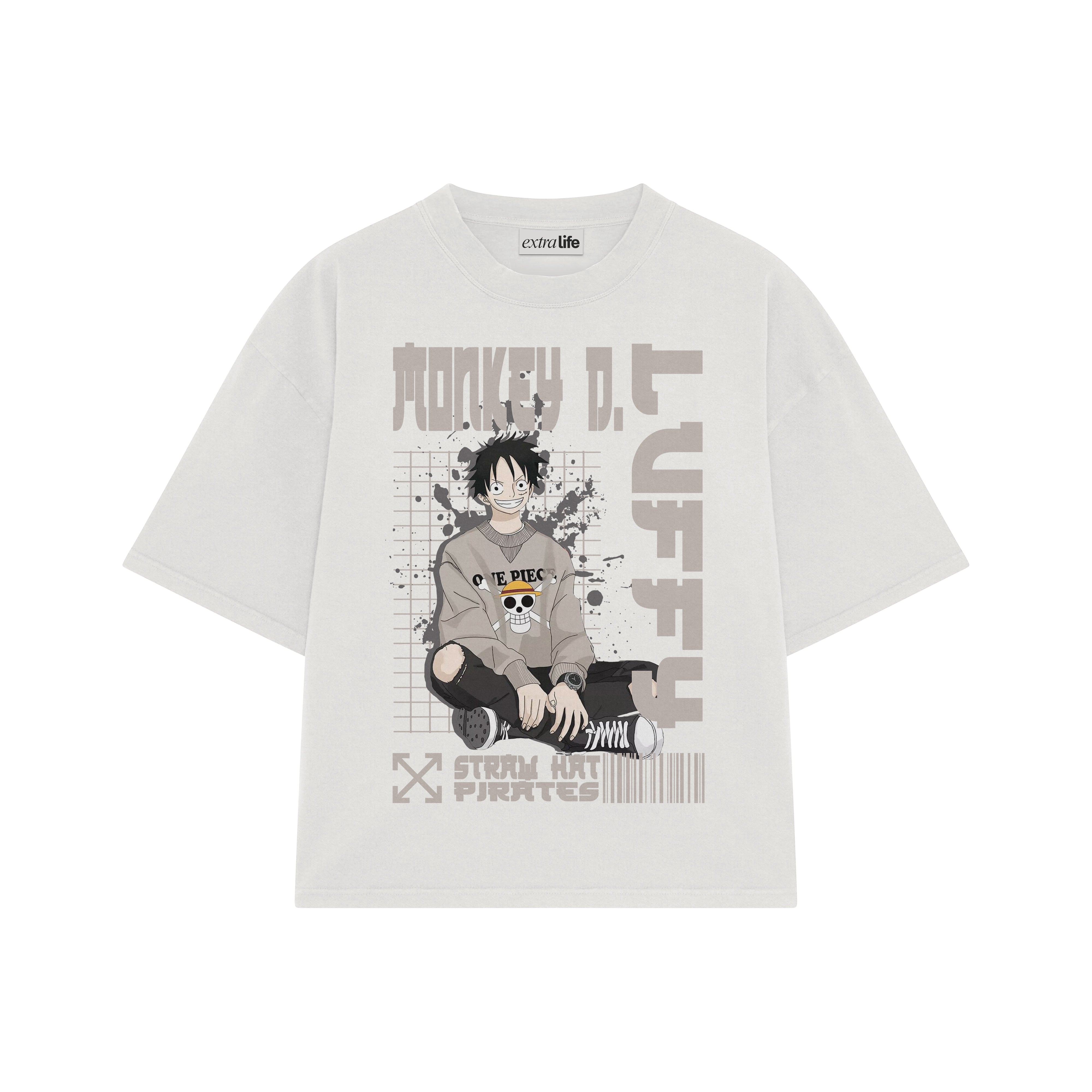 Playera streetwear premium de anime y gaming ExtraLife MX, corte boxy oversized drop shoulder heavyweight en color Deep Black y Off-White, moda urbana mexicana de culto.
