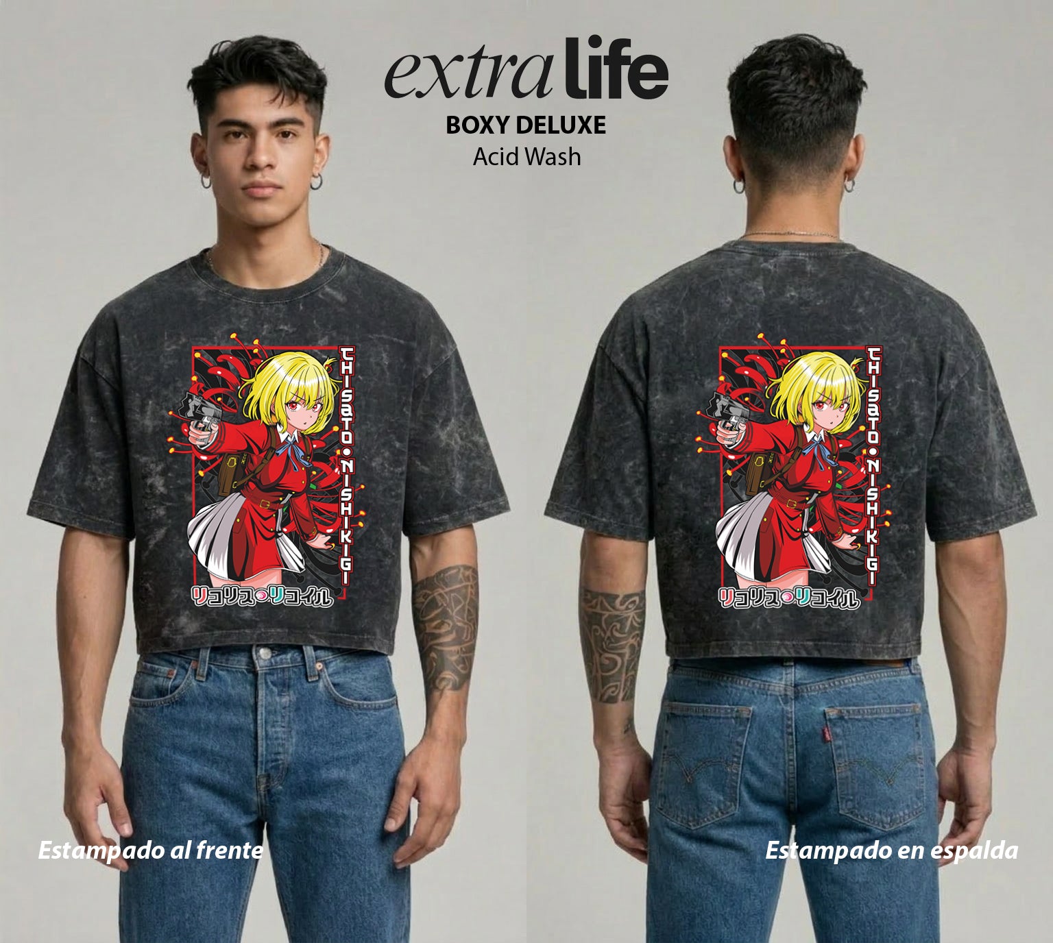 Playera streetwear premium de anime y gaming ExtraLife MX, corte boxy deluxe mineral wash heavyweight en color Acid Wash, moda urbana mexicana de culto.