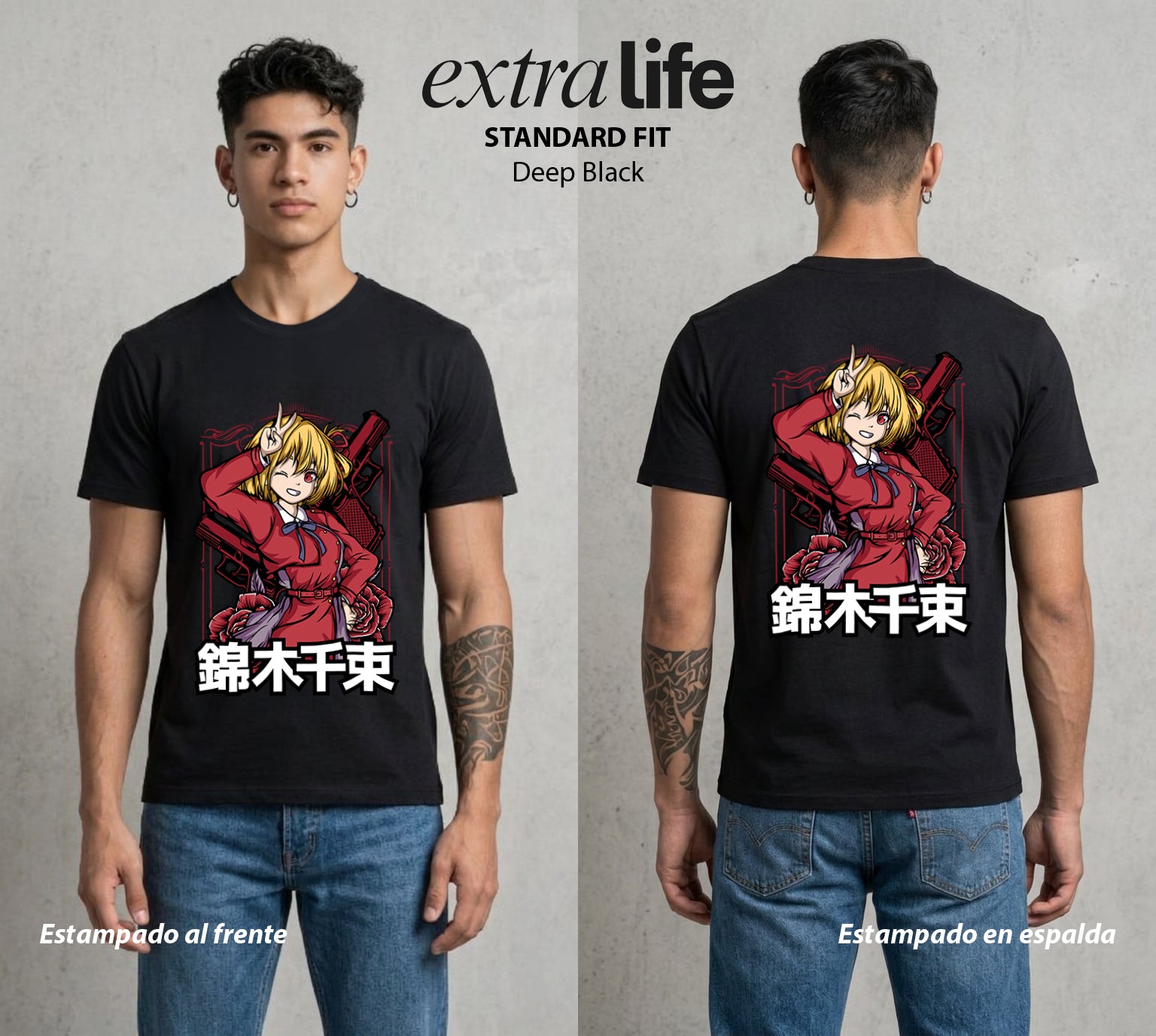 Las Guardianas Florales | Lycoris Recoil Chisato #02186 - Playera Standard Fit | Deep Black - Foto en modelo