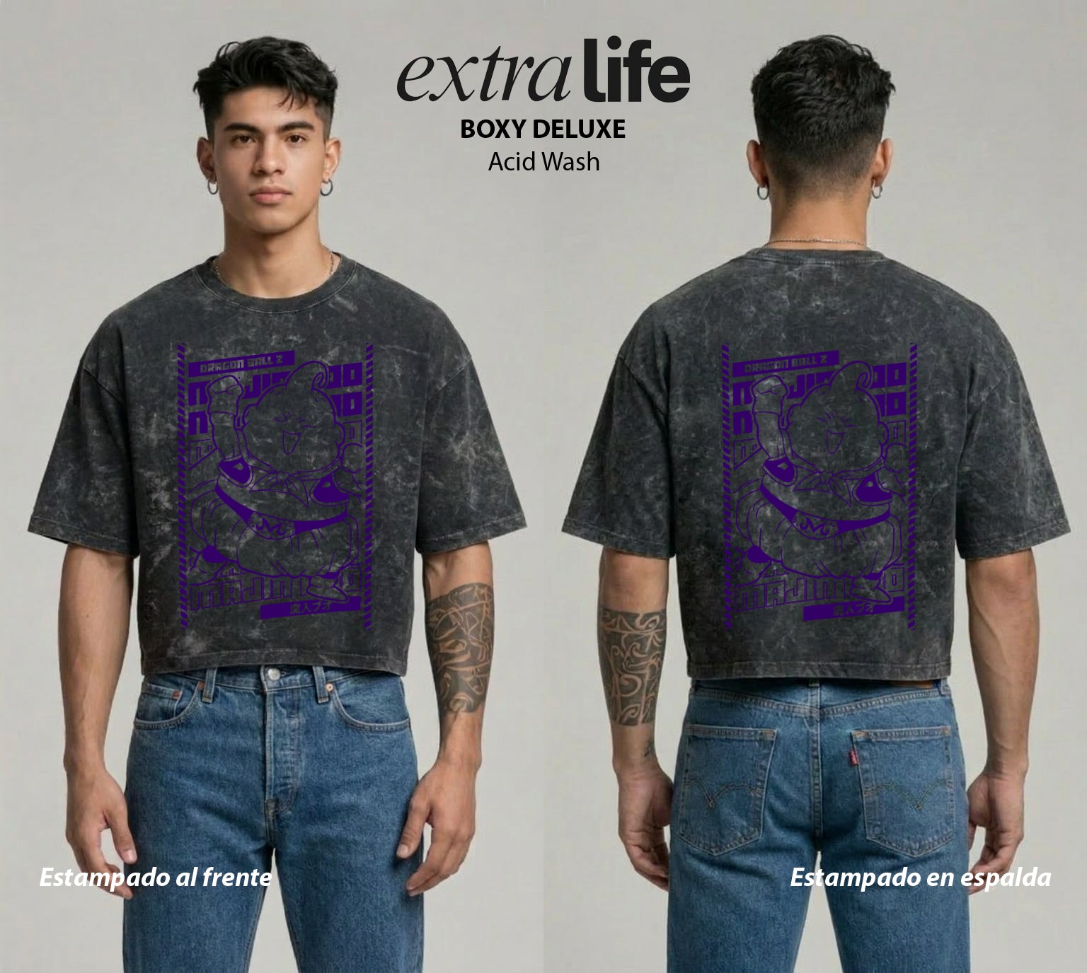 Playera streetwear premium de anime y gaming ExtraLife MX, corte boxy deluxe mineral wash heavyweight en color Acid Wash, moda urbana mexicana de culto.