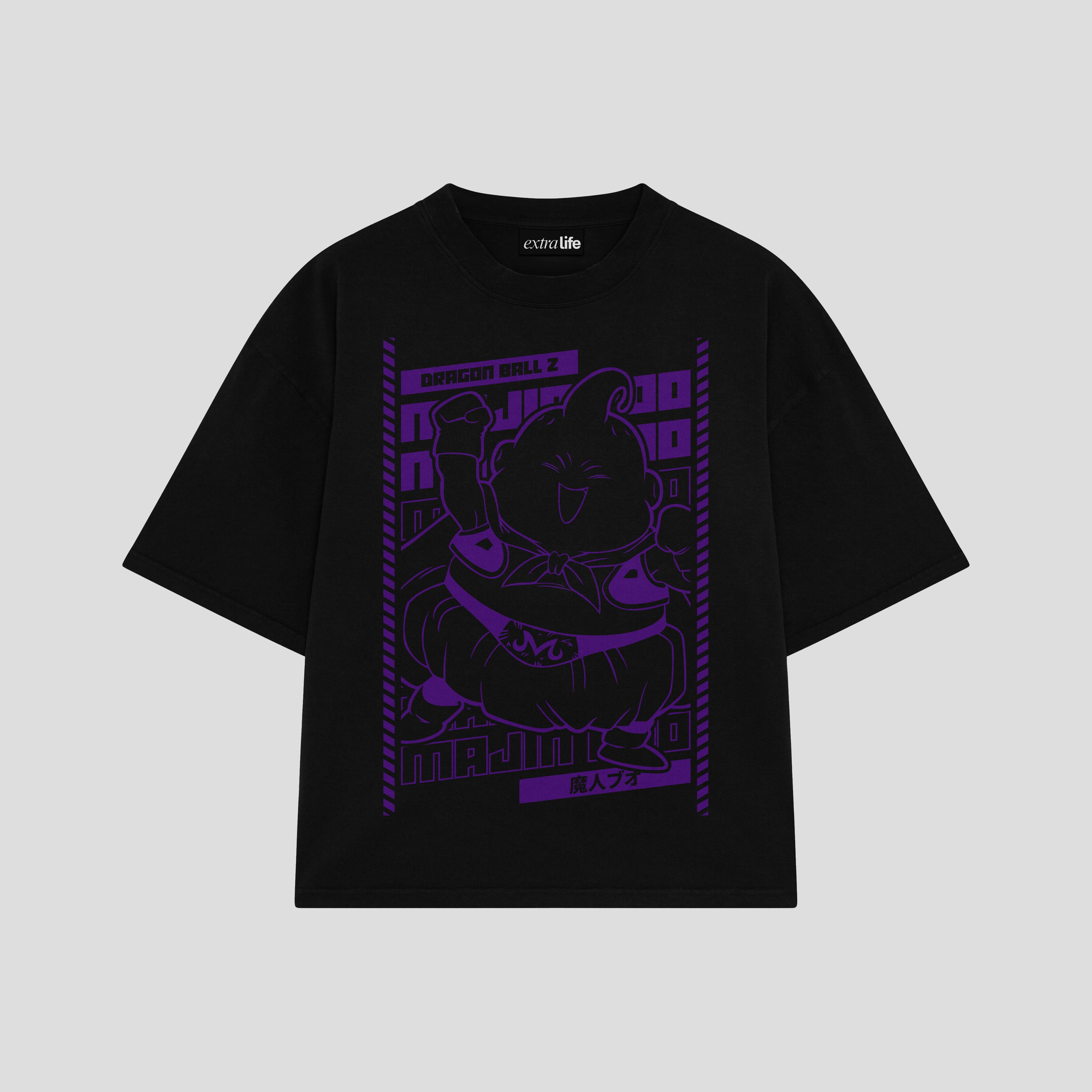 Playera streetwear premium de anime y gaming ExtraLife MX, corte boxy oversized drop shoulder heavyweight en color Deep Black y Off-White, moda urbana mexicana de culto.