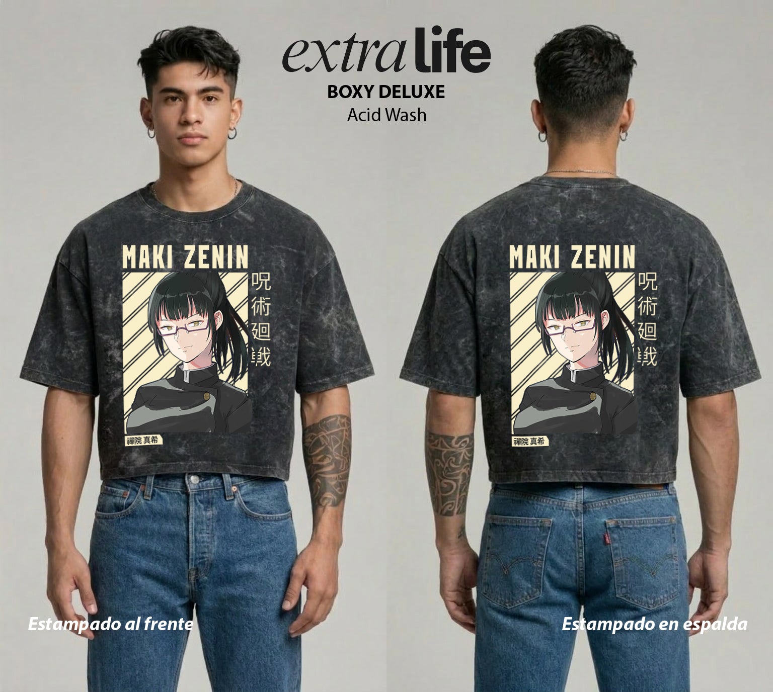 Playera streetwear premium de anime y gaming ExtraLife MX, corte boxy deluxe mineral wash heavyweight en color Acid Wash, moda urbana mexicana de culto.