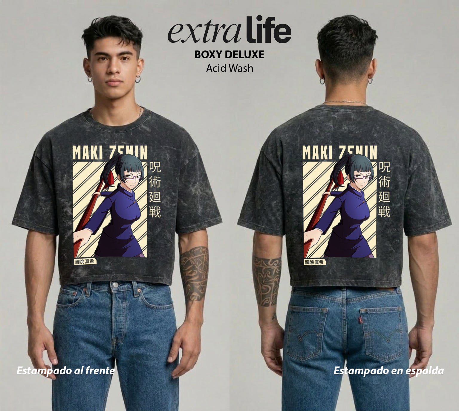 Playera streetwear premium de anime y gaming ExtraLife MX, corte boxy deluxe mineral wash heavyweight en color Acid Wash, moda urbana mexicana de culto.