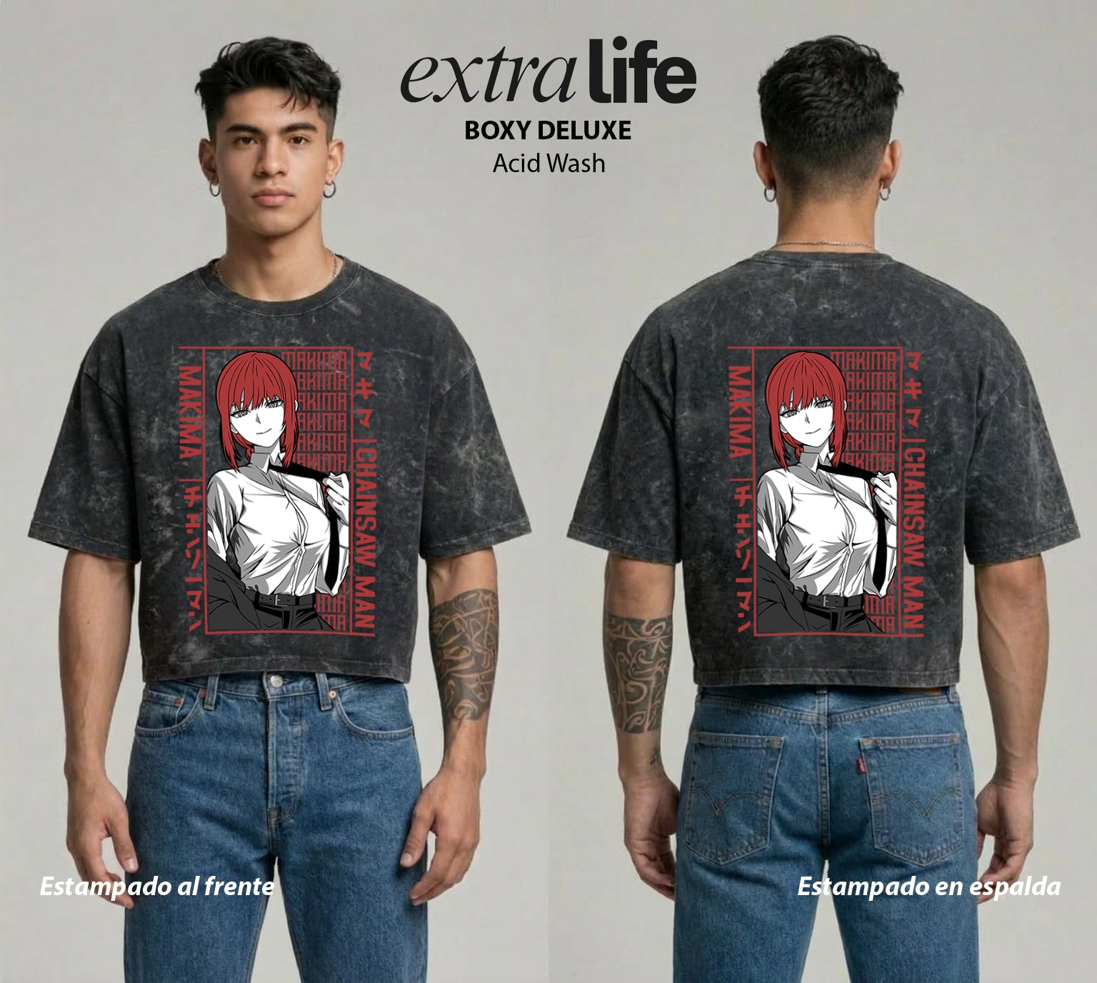 Playera streetwear premium de anime y gaming ExtraLife MX, corte boxy deluxe mineral wash heavyweight en color Acid Wash, moda urbana mexicana de culto.