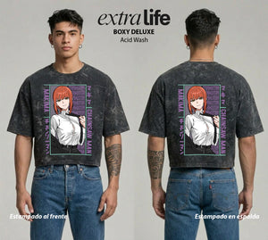 Playera streetwear premium de anime y gaming ExtraLife MX, corte boxy deluxe mineral wash heavyweight en color Acid Wash, moda urbana mexicana de culto.