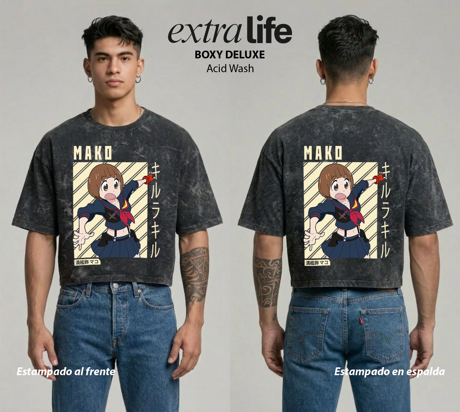 Playera streetwear premium de anime y gaming ExtraLife MX, corte boxy deluxe mineral wash heavyweight en color Acid Wash, moda urbana mexicana de culto.
