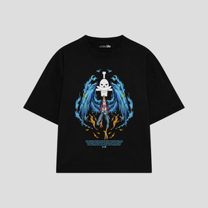 Playera streetwear premium de anime y gaming ExtraLife MX, corte boxy oversized drop shoulder heavyweight en color Deep Black y Off-White, moda urbana mexicana de culto.