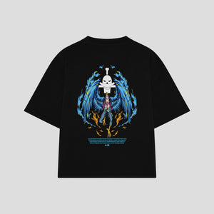 Playera streetwear premium de anime y gaming ExtraLife MX, corte boxy oversized drop shoulder heavyweight en color Deep Black y Off-White, moda urbana mexicana de culto.