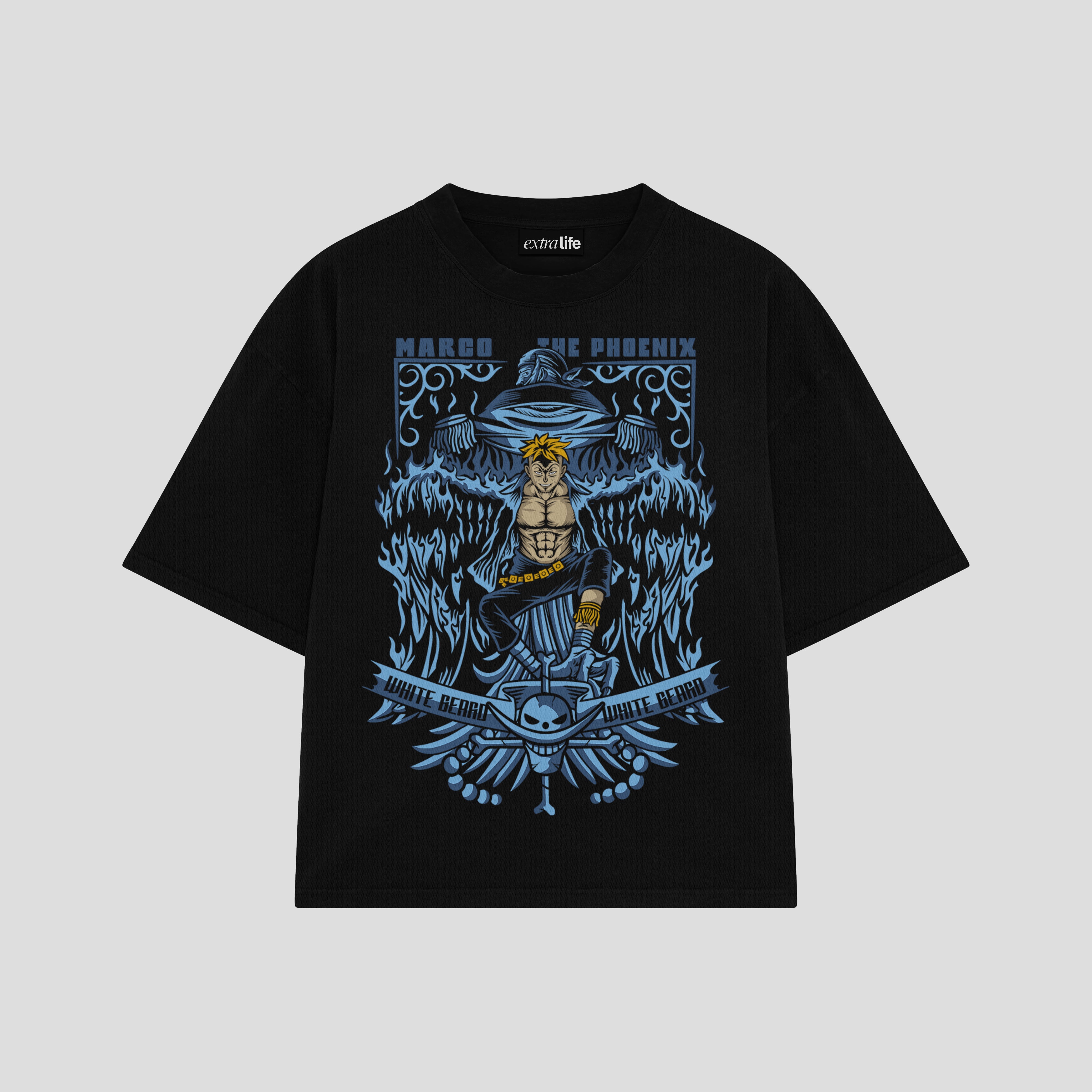 Playera streetwear premium de anime y gaming ExtraLife MX, corte boxy oversized drop shoulder heavyweight en color Deep Black y Off-White, moda urbana mexicana de culto.