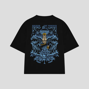 Playera streetwear premium de anime y gaming ExtraLife MX, corte boxy oversized drop shoulder heavyweight en color Deep Black y Off-White, moda urbana mexicana de culto.