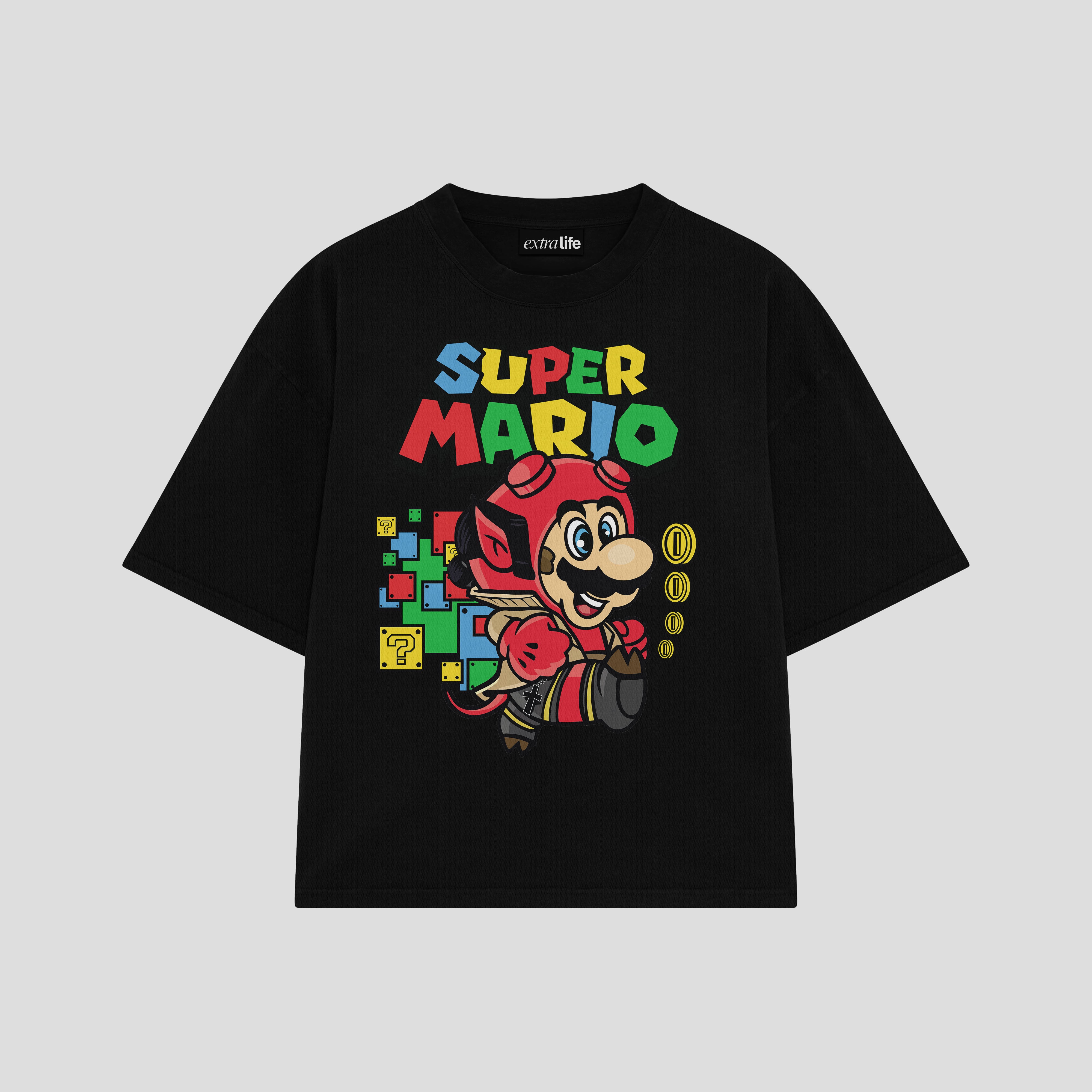 Playera streetwear premium de anime y gaming ExtraLife MX, corte boxy oversized drop shoulder heavyweight en color Deep Black y Off-White, moda urbana mexicana de culto.