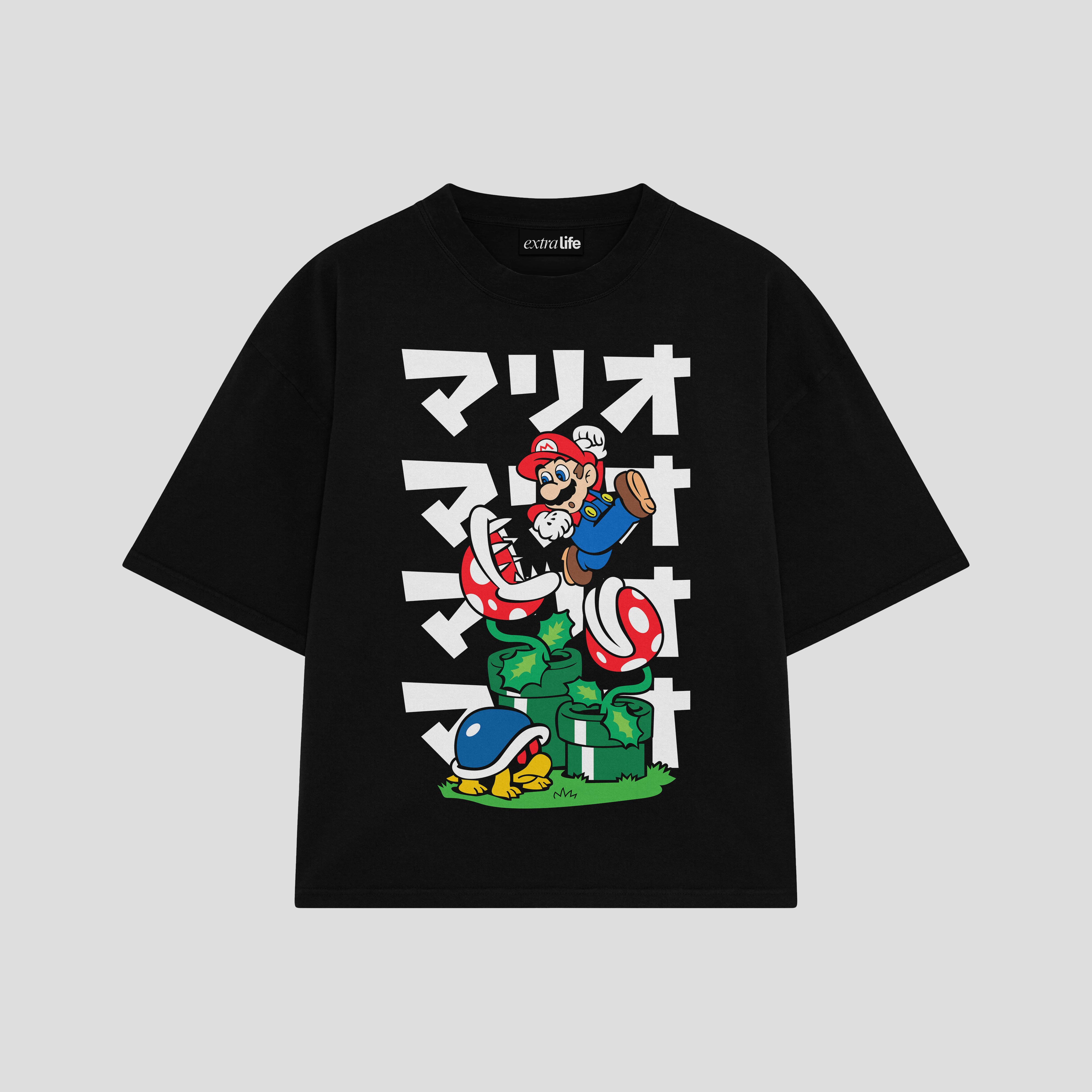 Playera streetwear premium de anime y gaming ExtraLife MX, corte boxy oversized drop shoulder heavyweight en color Deep Black y Off-White, moda urbana mexicana de culto.