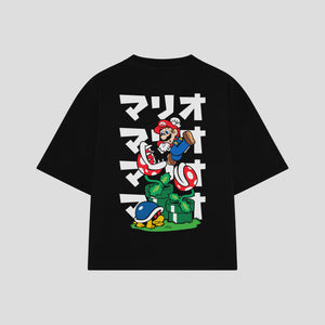 Playera streetwear premium de anime y gaming ExtraLife MX, corte boxy oversized drop shoulder heavyweight en color Deep Black y Off-White, moda urbana mexicana de culto.