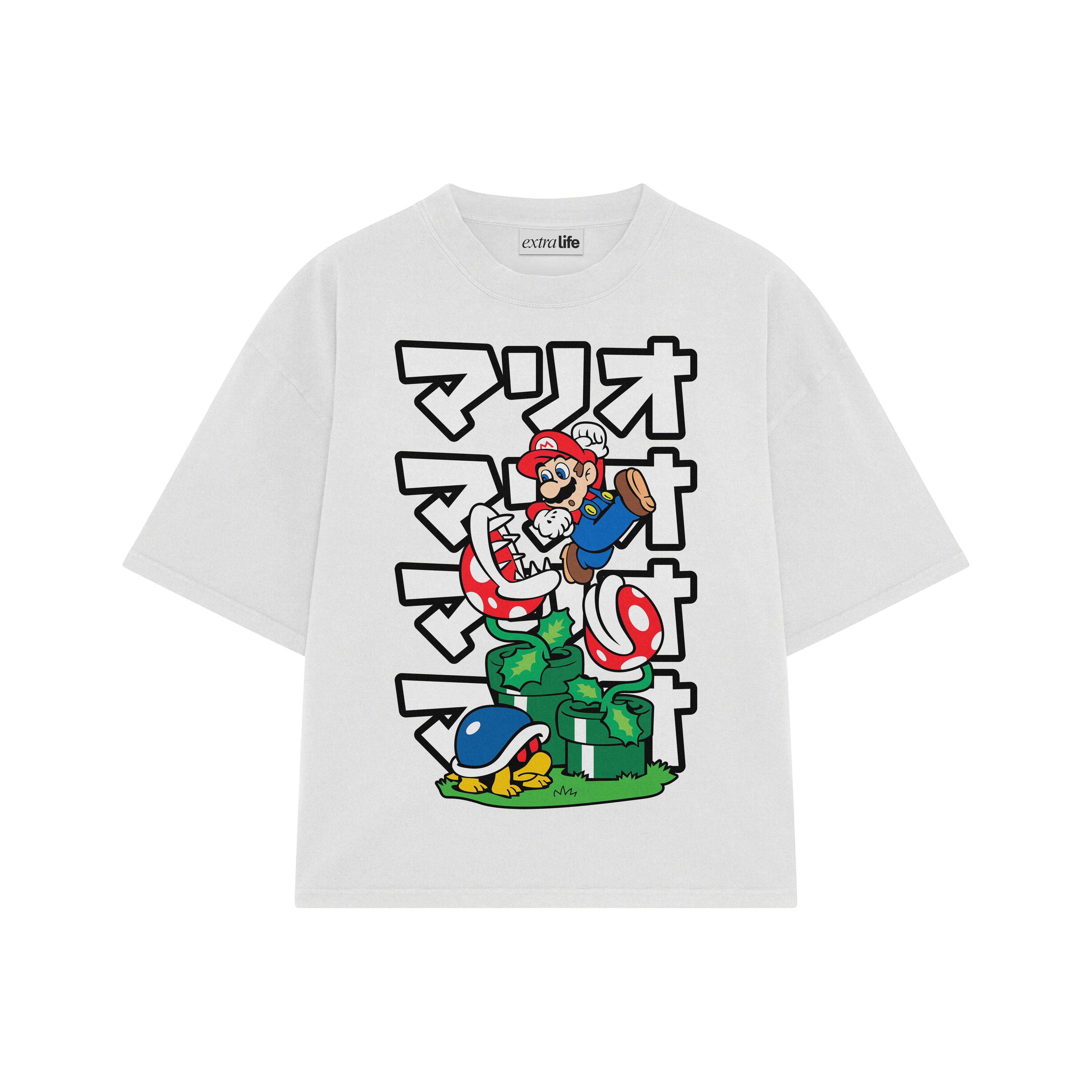 Playera streetwear premium de anime y gaming ExtraLife MX, corte boxy oversized drop shoulder heavyweight en color Deep Black y Off-White, moda urbana mexicana de culto.