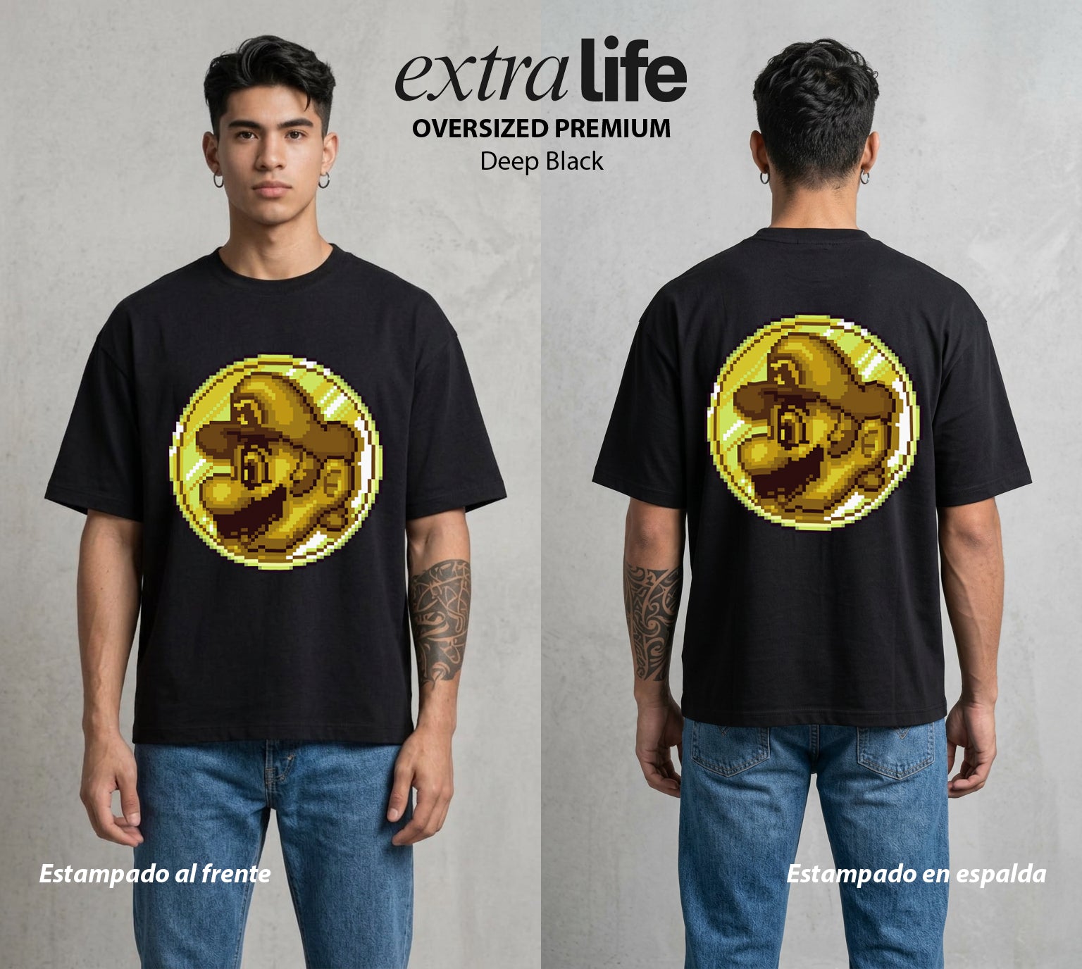 El Reino del Fontanero | El Campeon del Hongo #02206 - Playera Oversized Premium | Deep Black - Foto en modelo