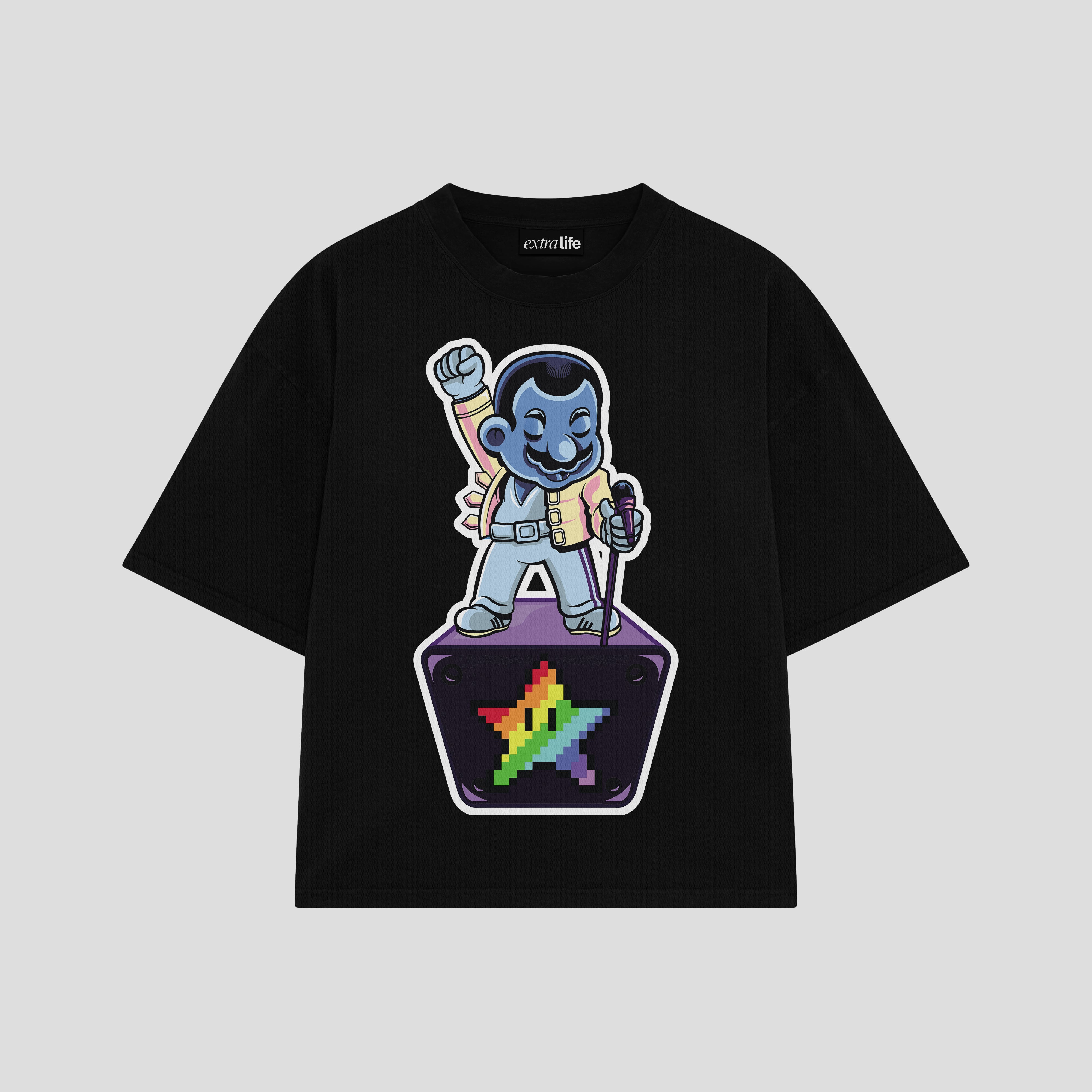 Playera streetwear premium de anime y gaming ExtraLife MX, corte boxy oversized drop shoulder heavyweight en color Deep Black y Off-White, moda urbana mexicana de culto.