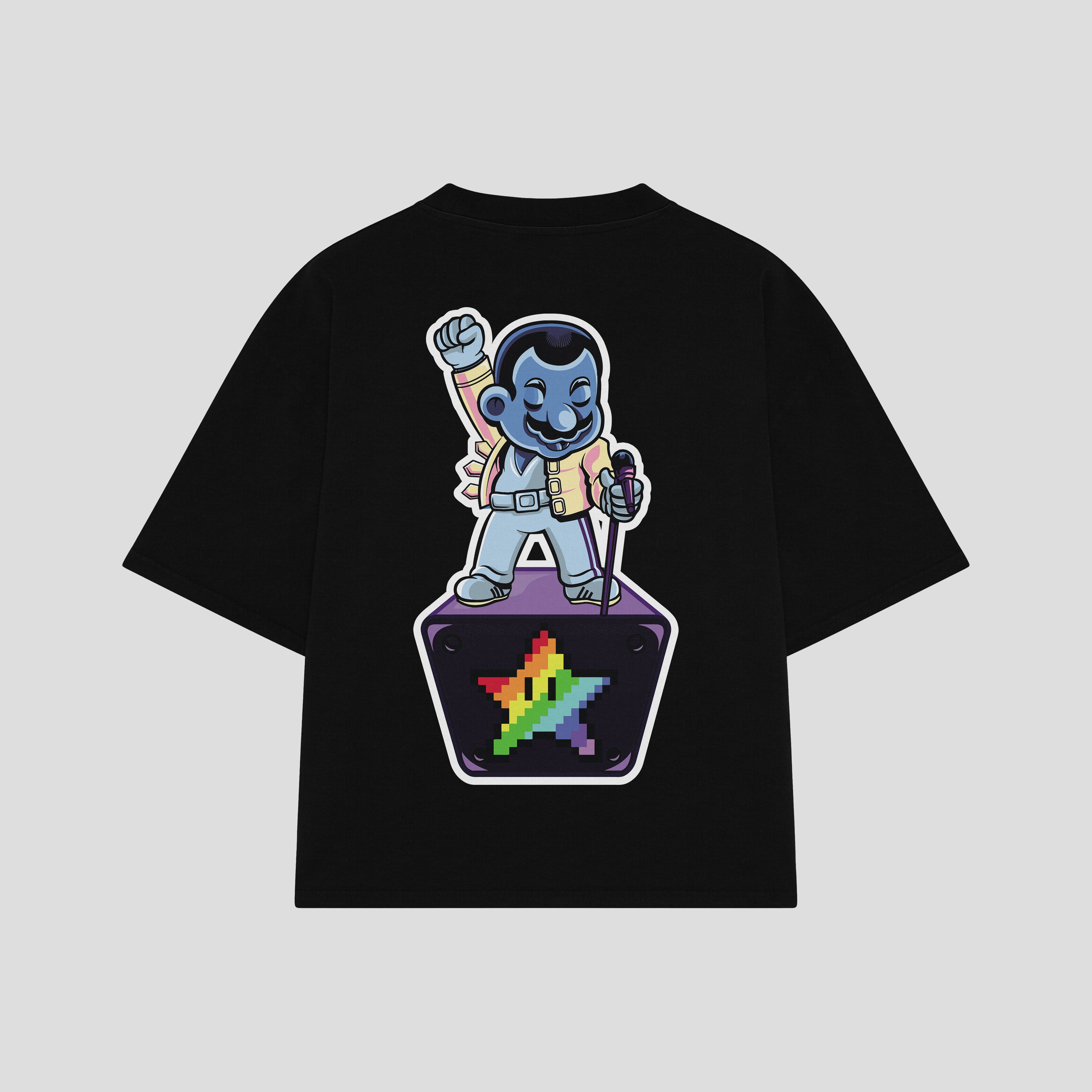 Playera streetwear premium de anime y gaming ExtraLife MX, corte boxy oversized drop shoulder heavyweight en color Deep Black y Off-White, moda urbana mexicana de culto.
