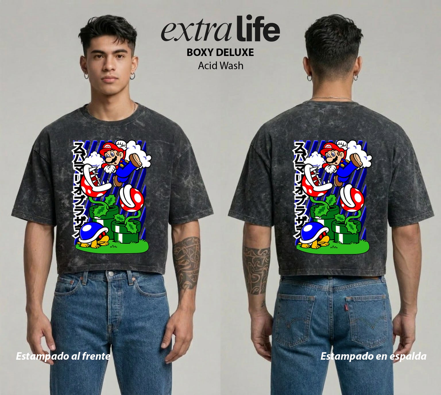 Playera streetwear premium de anime y gaming ExtraLife MX, corte boxy deluxe mineral wash heavyweight en color Acid Wash, moda urbana mexicana de culto.