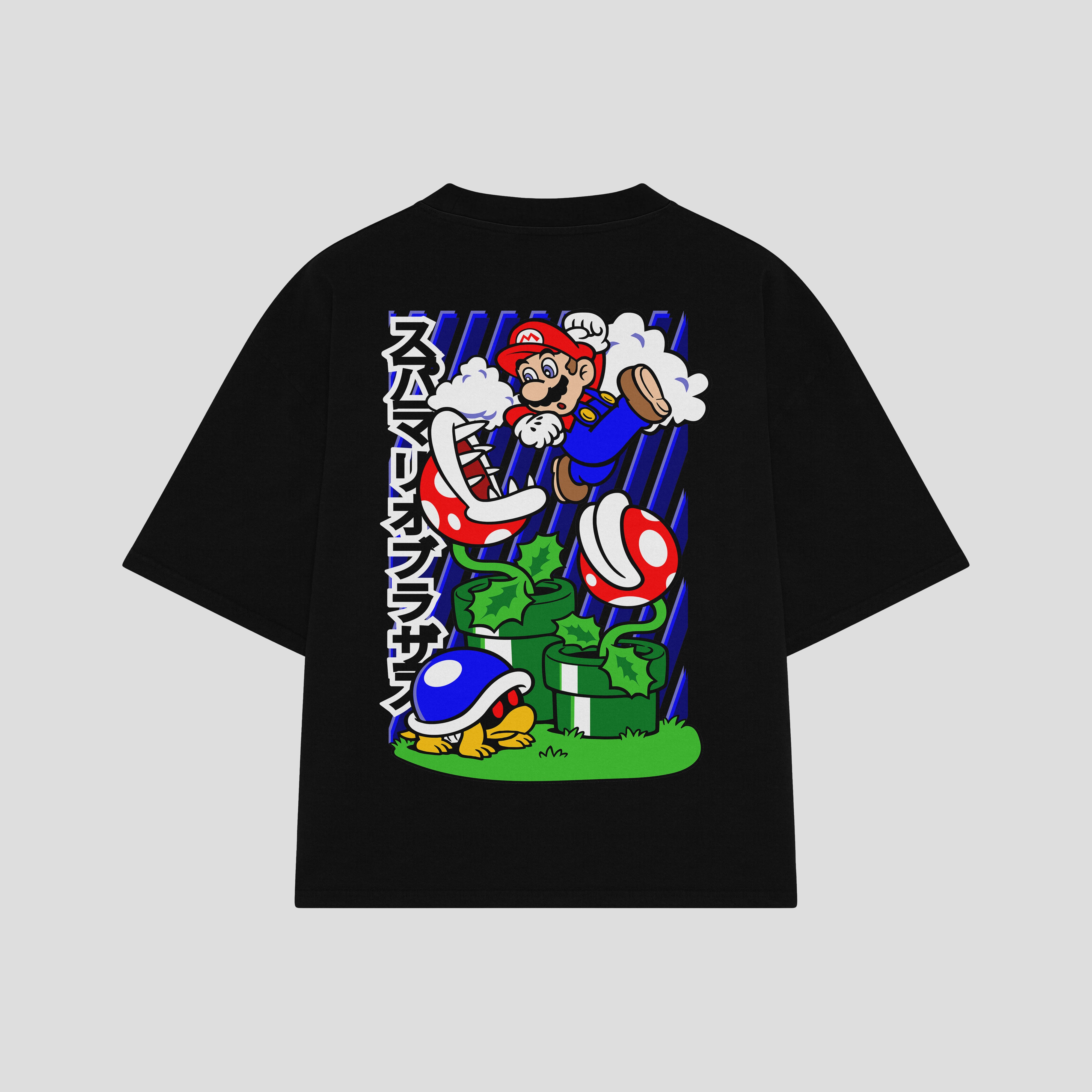 Playera streetwear premium de anime y gaming ExtraLife MX, corte boxy oversized drop shoulder heavyweight en color Deep Black y Off-White, moda urbana mexicana de culto.