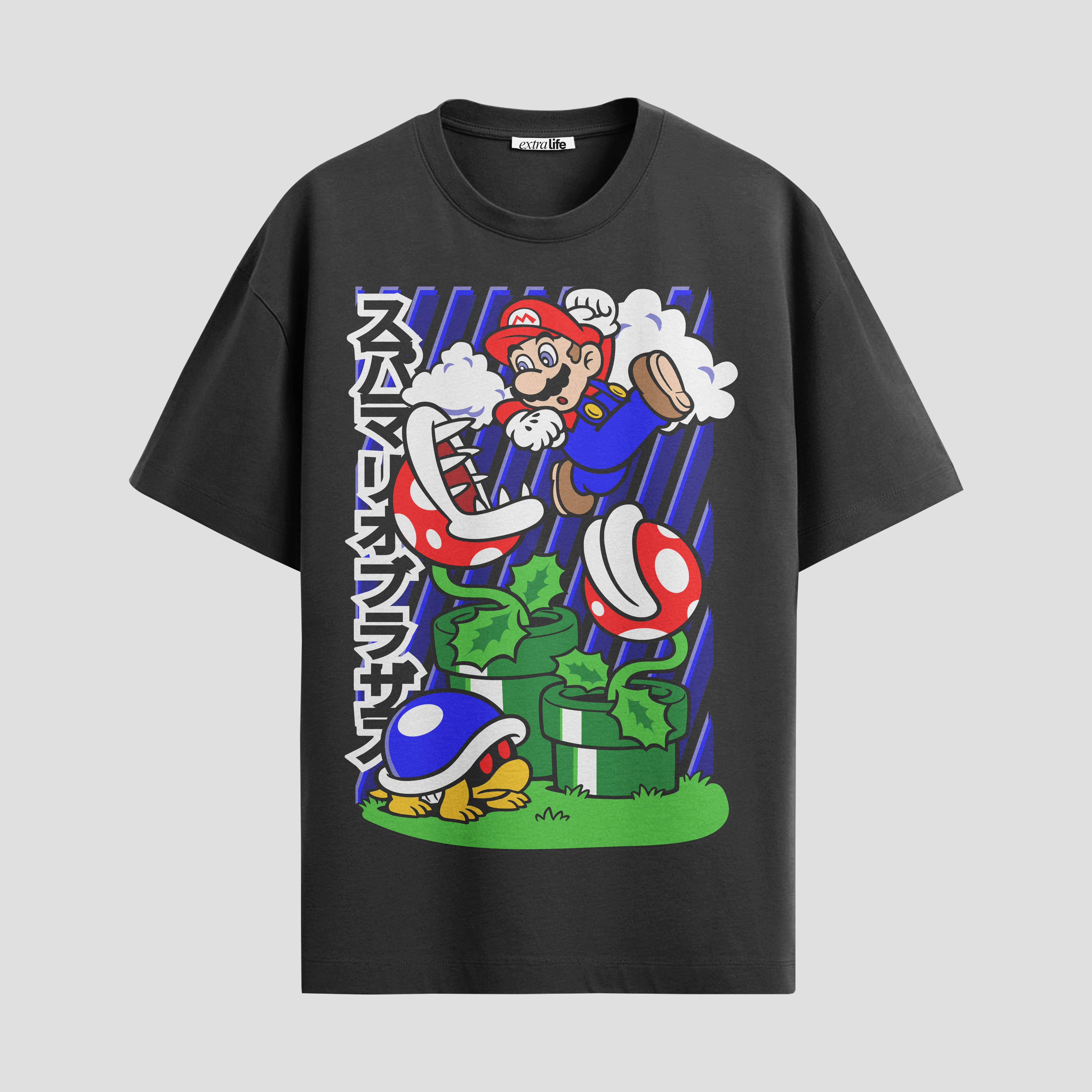 Playera urbana de anime y gaming ExtraLife MX, corte Standard Fit unisex ligero y transpirable en color Deep Black y Pure White, ropa de uso diario para gym y casual.