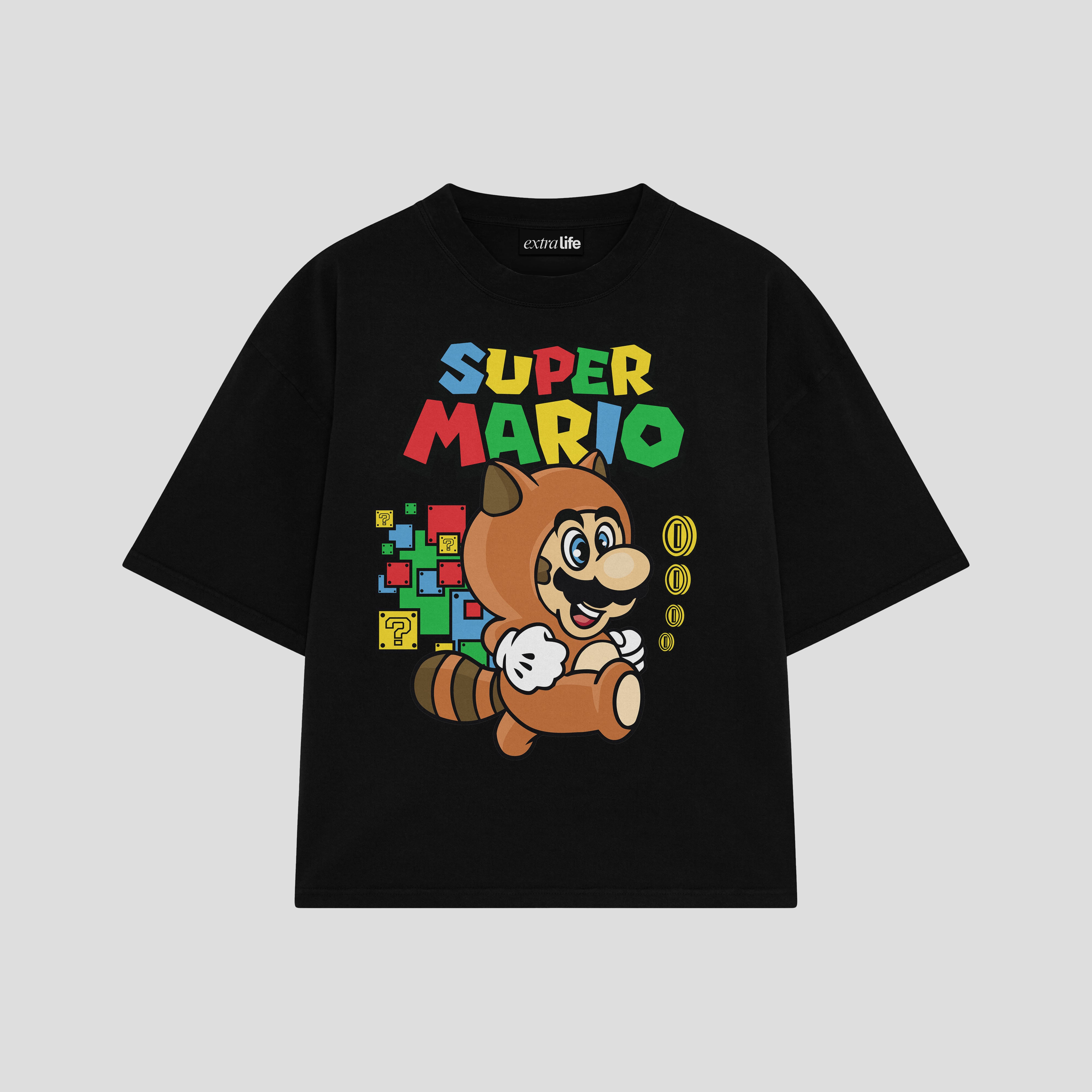 Playera streetwear premium de anime y gaming ExtraLife MX, corte boxy oversized drop shoulder heavyweight en color Deep Black y Off-White, moda urbana mexicana de culto.