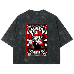 Playera streetwear premium de anime y gaming ExtraLife MX, corte boxy deluxe mineral wash heavyweight en color Acid Wash, moda urbana mexicana de culto.