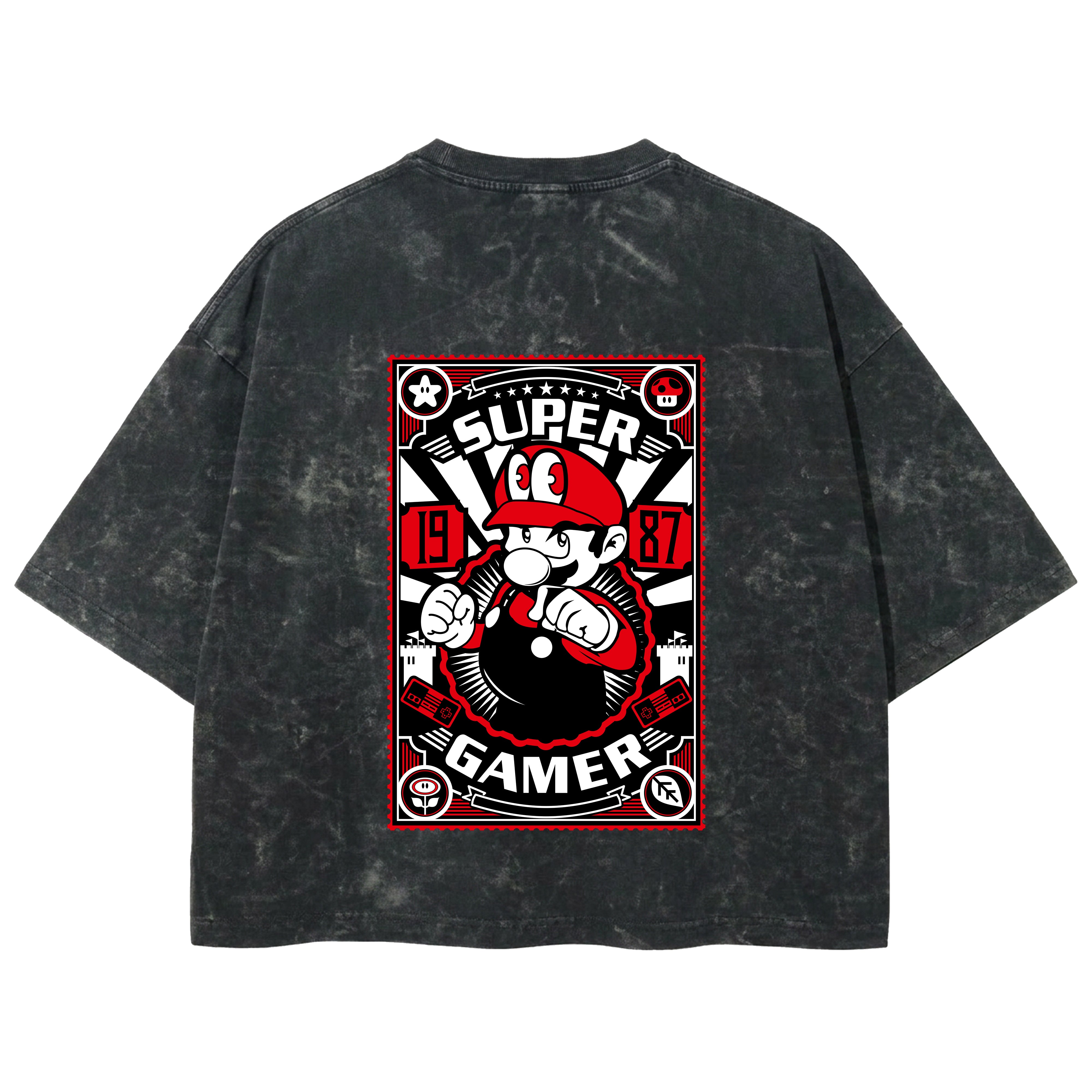 Playera streetwear premium de anime y gaming ExtraLife MX, corte boxy deluxe mineral wash heavyweight en color Acid Wash, moda urbana mexicana de culto.