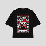 Playera streetwear premium de anime y gaming ExtraLife MX, corte boxy oversized drop shoulder heavyweight en color Deep Black y Off-White, moda urbana mexicana de culto.